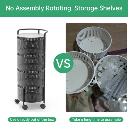 No Assembly Required Vegetable Storage Rack, 4-Tier Rotating Fruit Basket with Wheels, Heavy Duty Carbon Steel Kitchen Storage Cart