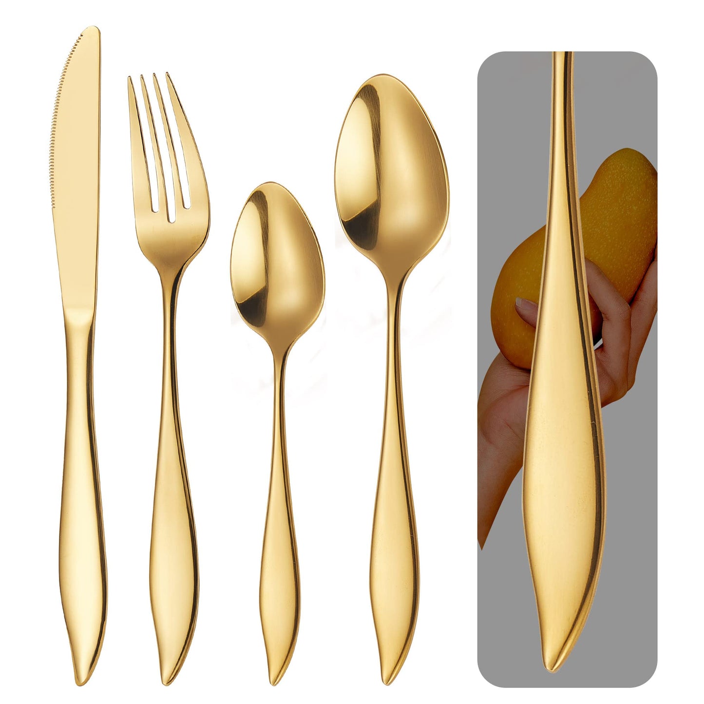 Luxury Gold Silverware Set, Heavy Duty 20-Piece Golden 18/10 Stainless Steel Flatware Sets for 5, Tableware Eating Utensils Titanium Gold Plated, HF Hoften Unique Exclusive Creative Design (Mango)