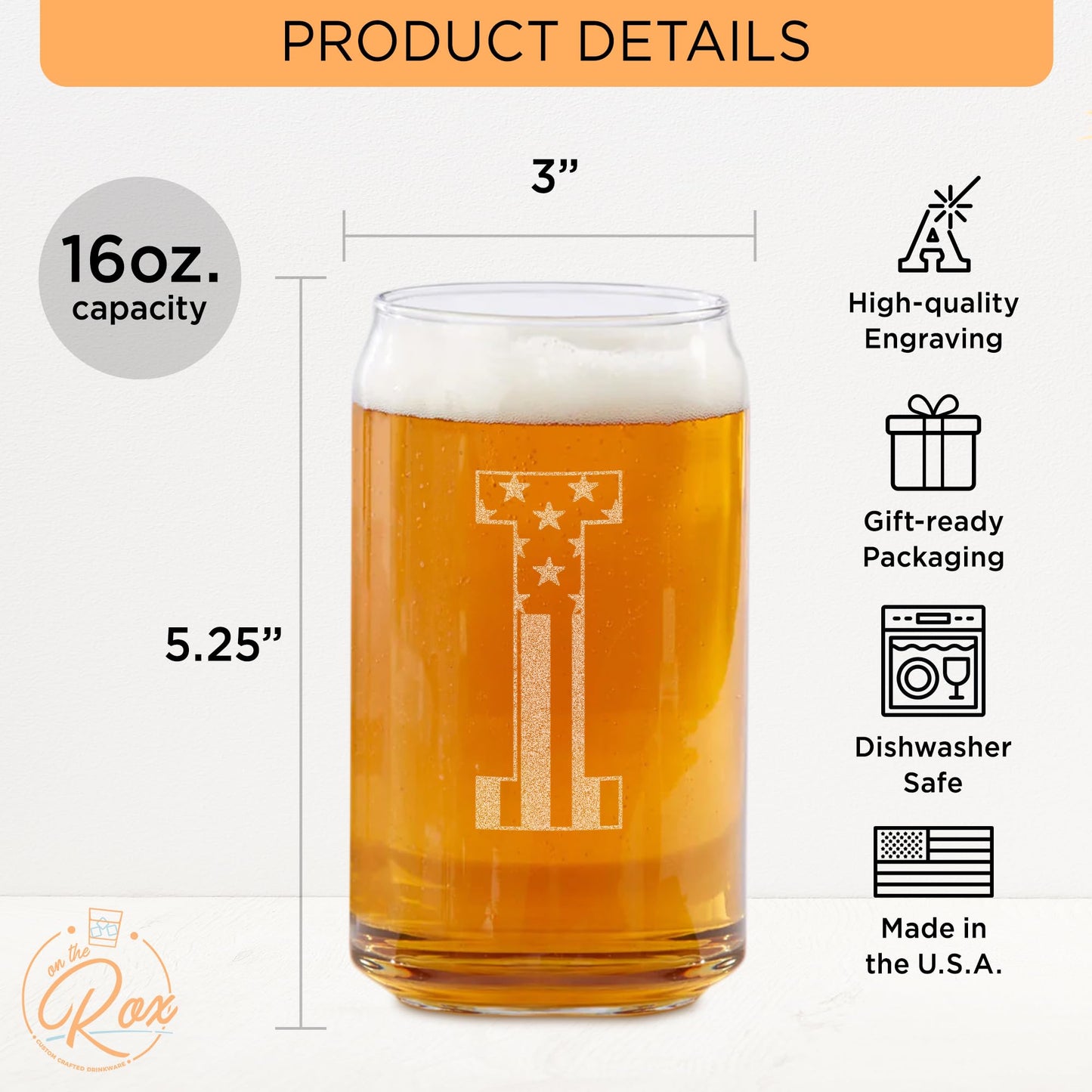 Monogram Beer Glasses for Men (A-Z) 16 oz - Engraved Beer Gifts for Men Brother Son Dad Neighbor - Unique Christmas Gifts for Him - Personalized Drinking Gift Beer Glass Mugs (J)