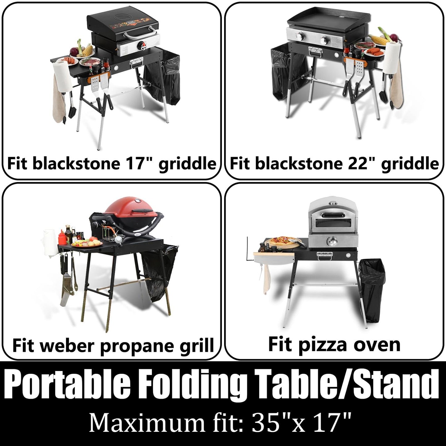 Portable Outdoor Grill Stand, Adjustable Height Folding Table Made to fit 17” or 22” Blackstone Griddle, 35"W x 17"D Kitchen Cooking Prep BBQ Stand, Pizza Oven Stand for Ninia Grill（Black）