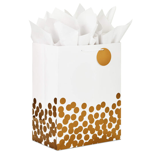 Sac cadeau extra large Hallmark de 17 po avec papier de soie (blanc à pois dorés) pour Noël, Hanoukka, mariages, fiançailles, fêtes prénuptiales, remises de diplômes, retraites, anniversaires, Saint-Valentin 