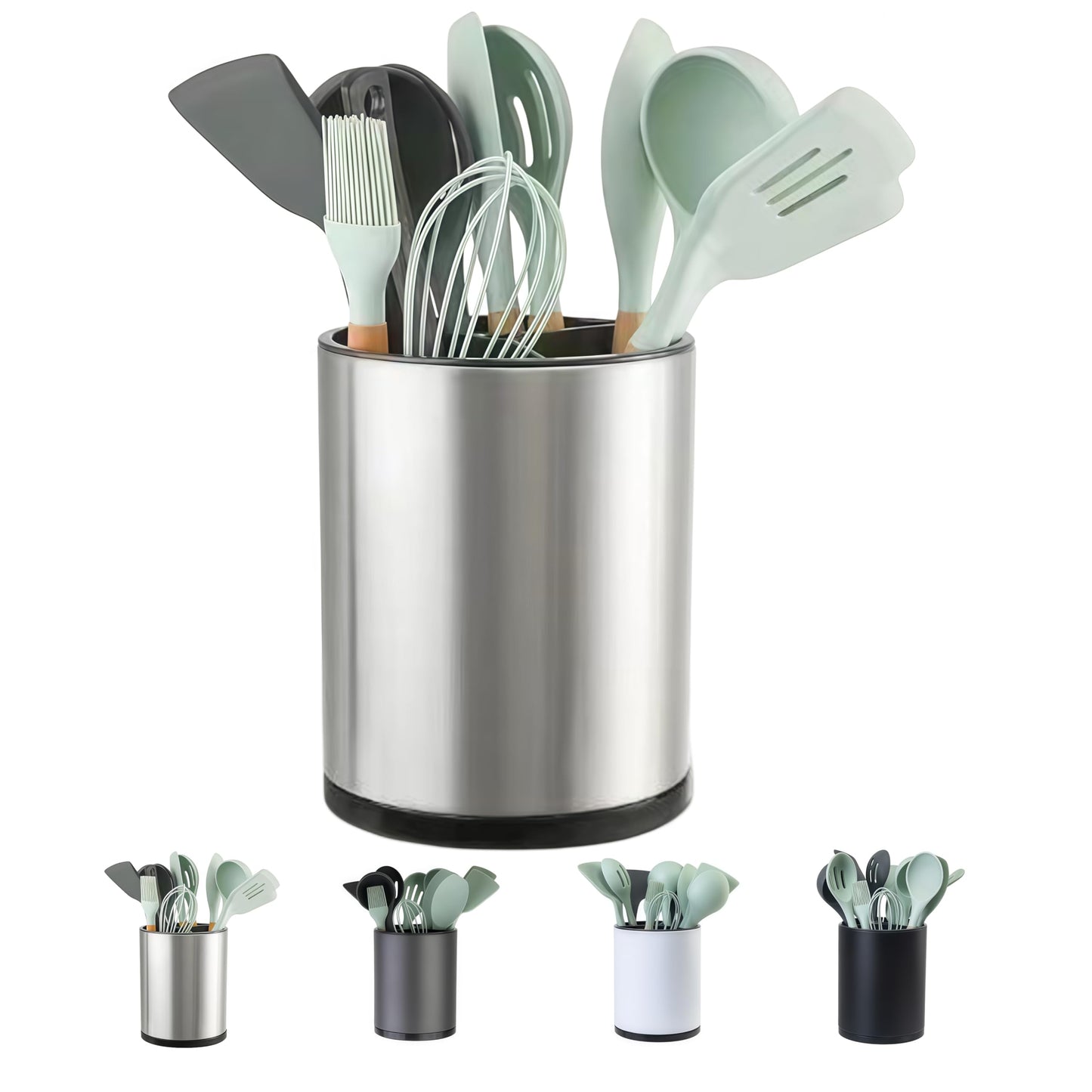 Kitchen Utensil Holder Extra Large 360°Rotating For Counter Organizer Stainless Steel Storage Cooking Silverware Caddy 3 Compartment Flatware Spoon Spatula Tool Cutlery Container (Grey)