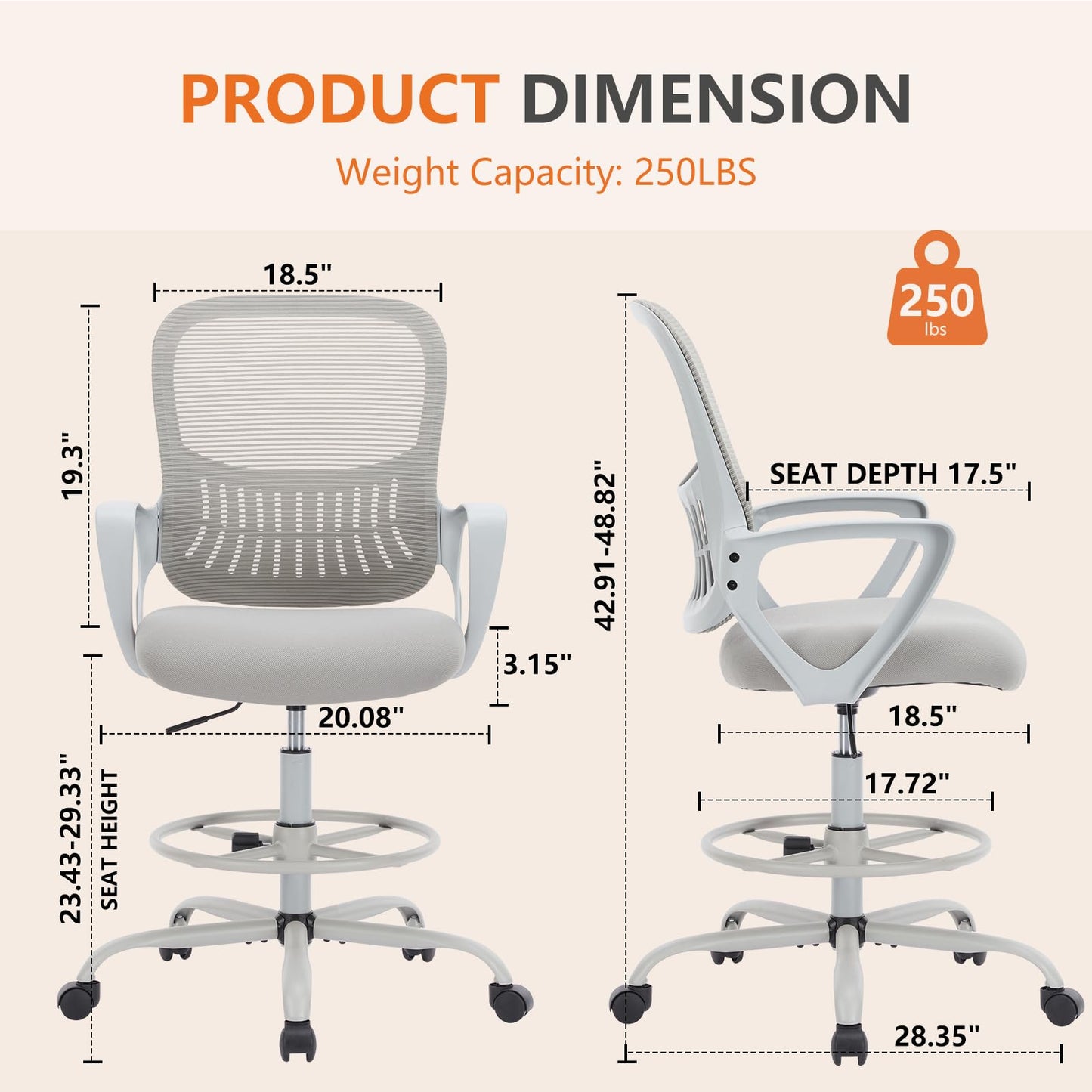 Sweetcrispy Home Office Drafting Desk Chair - Ergonomic High Stool Computer with Adjustable Height and Comfy Lumbar Support, Tall Rolling Task for Standing Desk with Fixed Arm and Footrest, Black