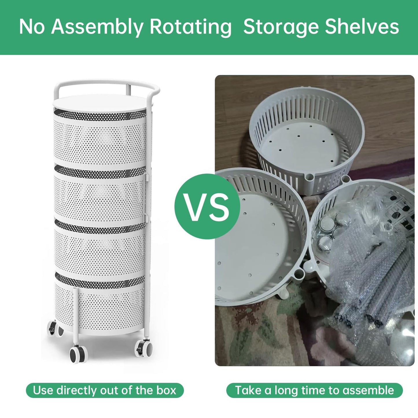 No Assembly Required Vegetable Storage Rack, 4-Tier Rotating Fruit Basket with Wheels, Heavy Duty Carbon Steel Kitchen Storage Cart