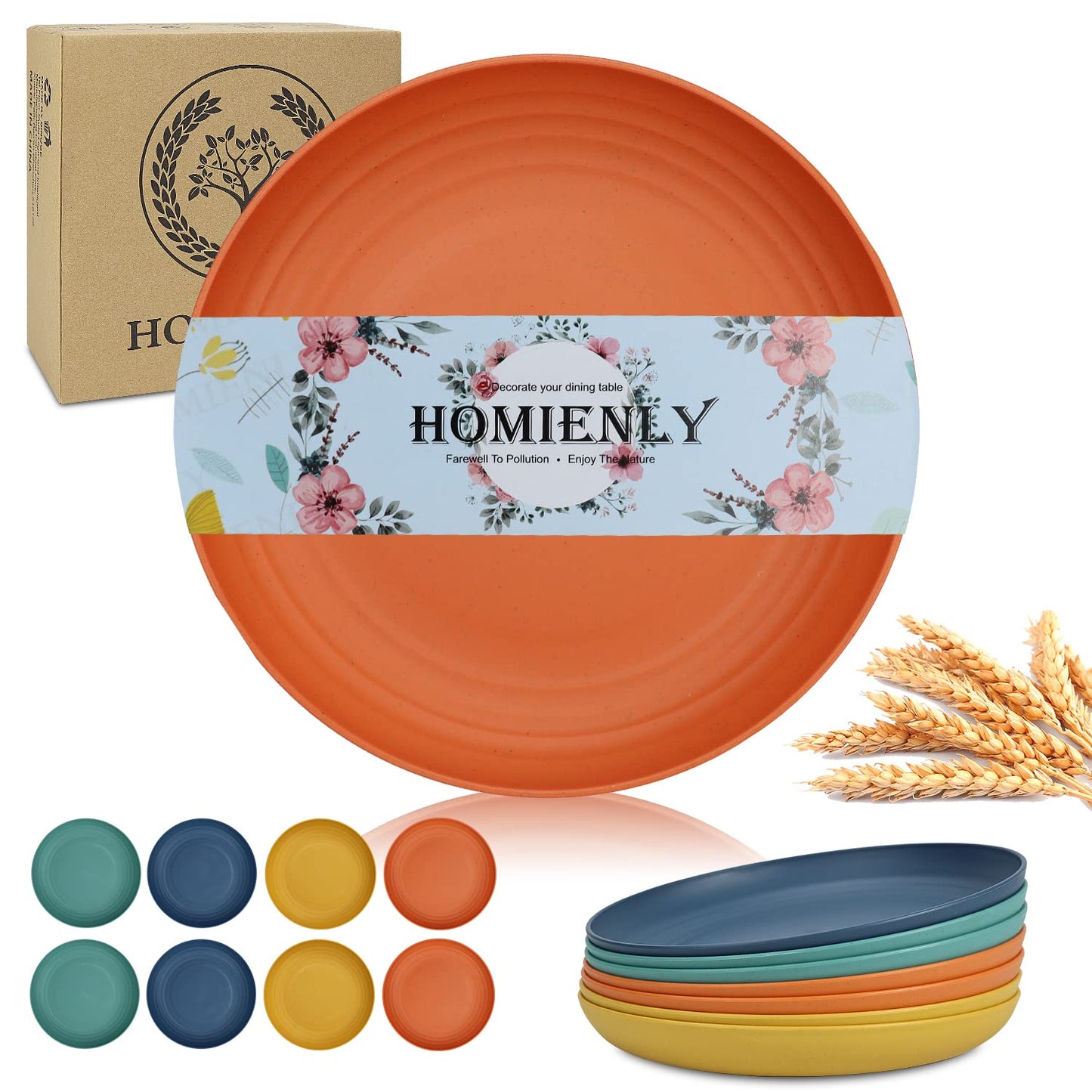 Homienly Deep Dinner Plates Set of 8 Alternative for Plastic Plates Microwave and Dishwasher Safe Wheat Straw Plates for Kitchen Unbreakable Kids Plates with 4 Colors (Classic Bright, 9 inch)