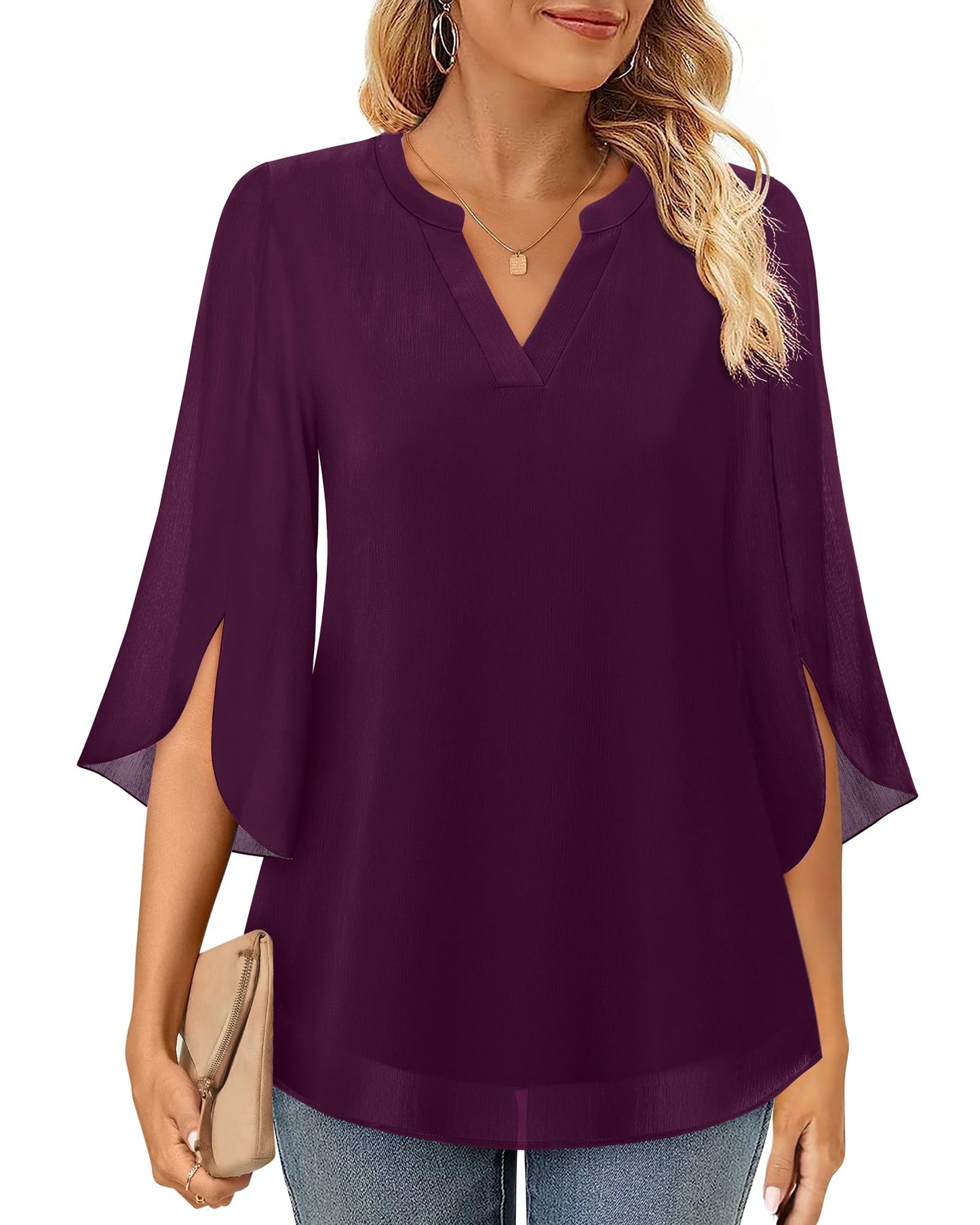 Timeson Women's 3/4 Sleeve Chiffon Blouse Shirt V Neck Dressy Tunic Tops