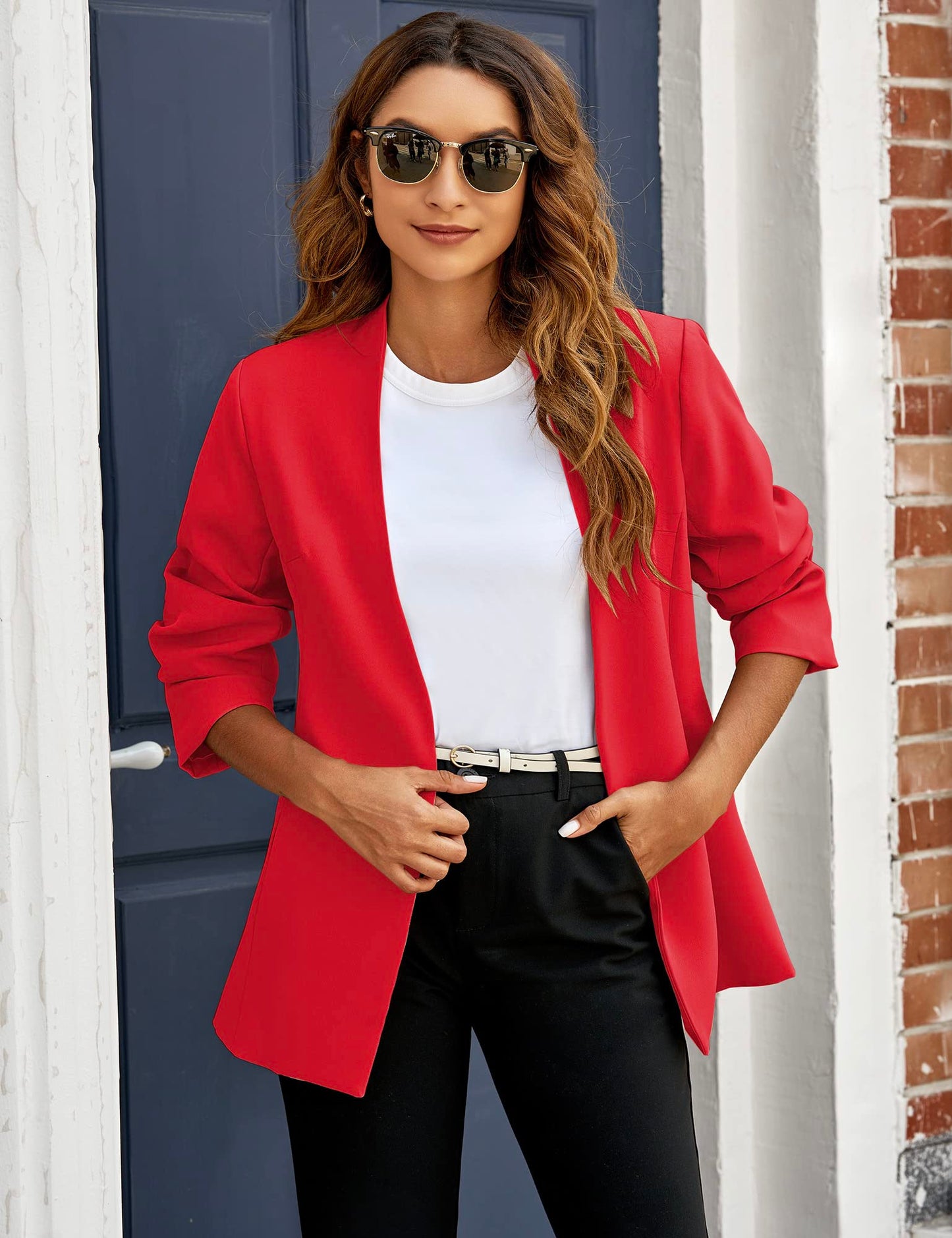 Veste de costume blazer de travail décontractée à poches ouvertes sur le devant pour femme GRAPENT 