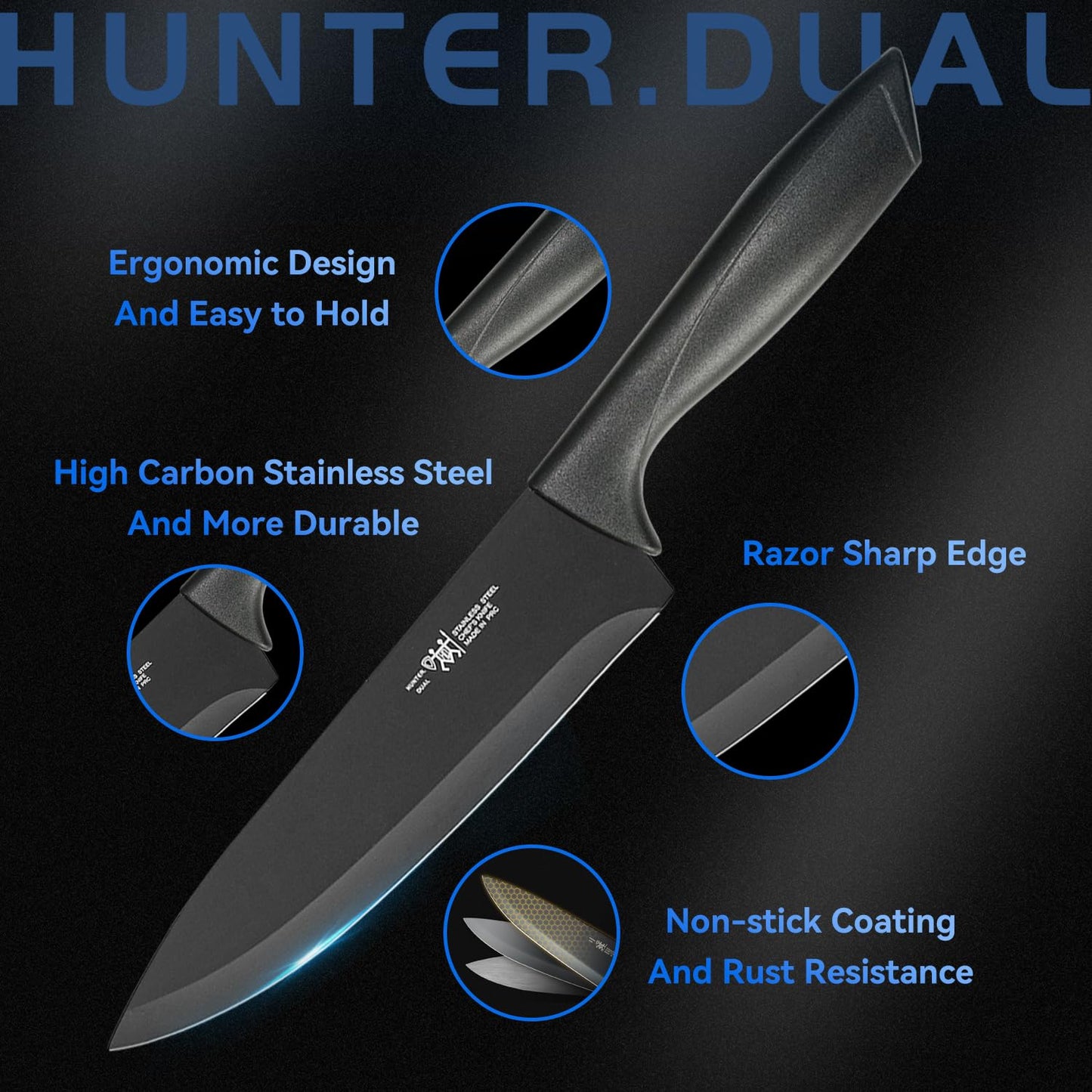 Knife Set, HUNTER.DUAL 8-Piece Kitchen Knife Set for Chef, Sharp Knife Set with Universal Knife Block, Anti-Rust Kitchen Knife Block Set, Ergonomical Design (Black)