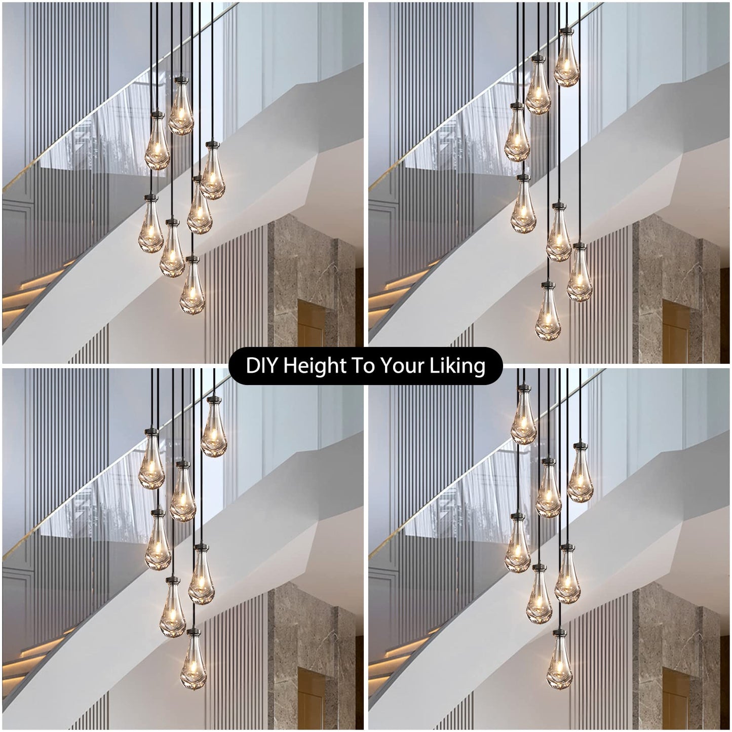 H100'' High Ceiling Chandelier for Entryway,Modern Raindrop Chandeliers for Living Room,Brass 7 Light Adjustable Rope Teardrop Pendant Lights Kitchen Island for Hallway/Staircase