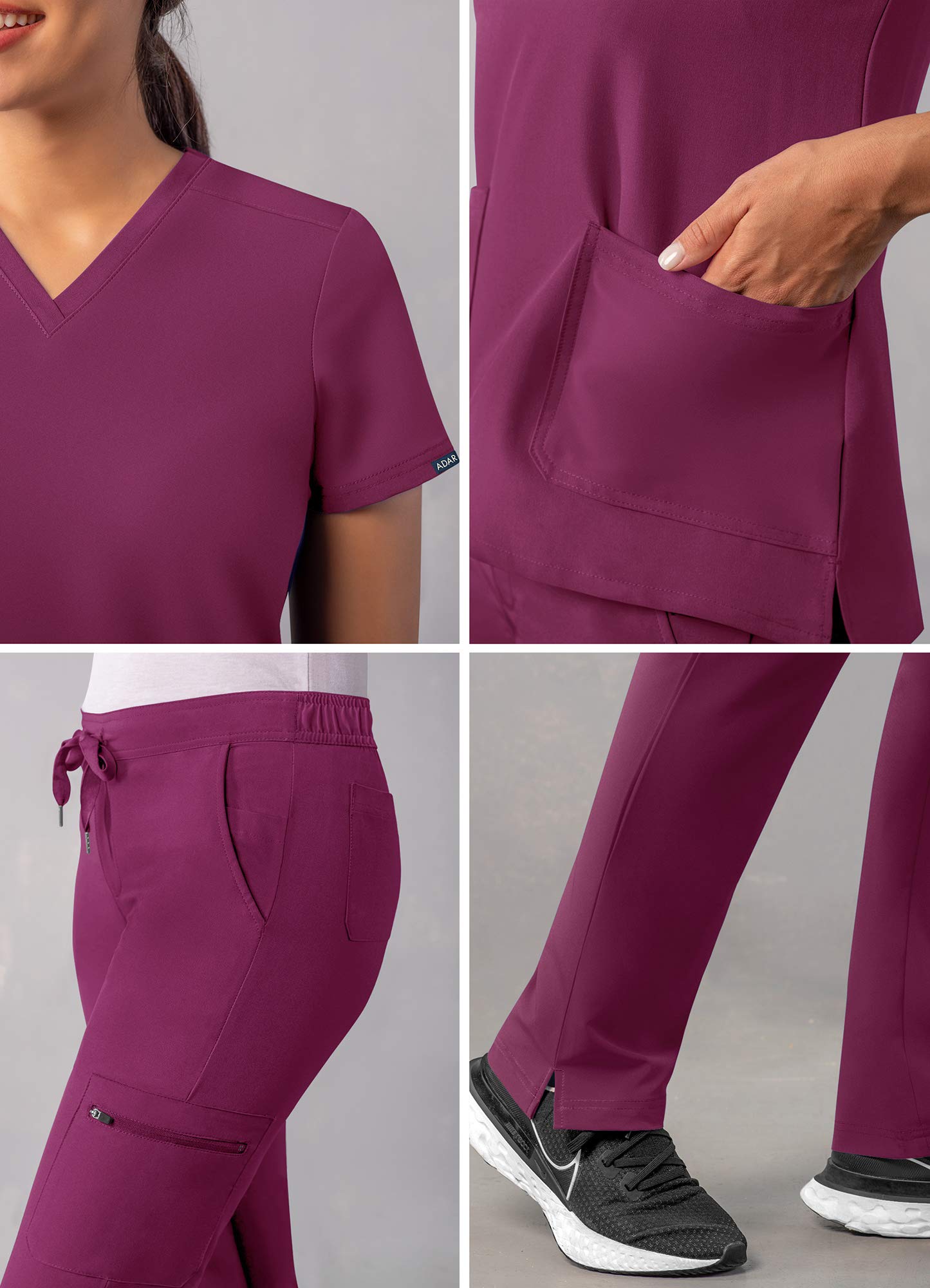 Adar Addition Go-Basic Scrub Set for Women - Slim V-Neck Scrub Top & Skinny Cargo Scrub Pants