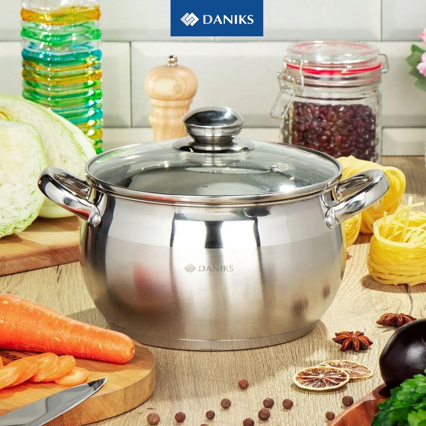 Daniks Classic Stainless Steel Kitchen Induction Pot Cookware Set | 12-Piece | Dishwasher Safe Pots with Lid | Saucepan + Frying Pan + Pots | Measuring Scale | Silver