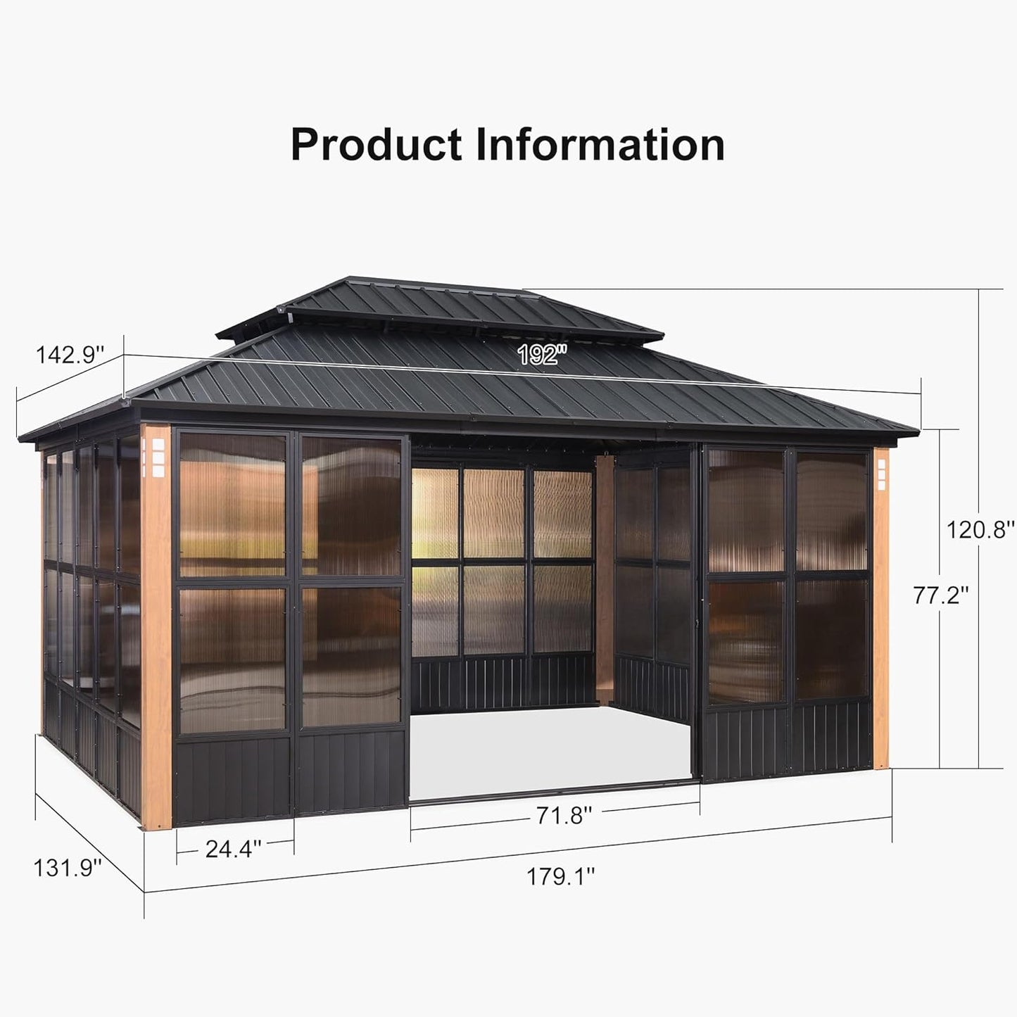 PURPLE LEAF 12' X 14' Patio Hardtop Gazebo Double Top Outdoor Screen House Aluminum Solarium Backyard Sun Room with Detachable Windows