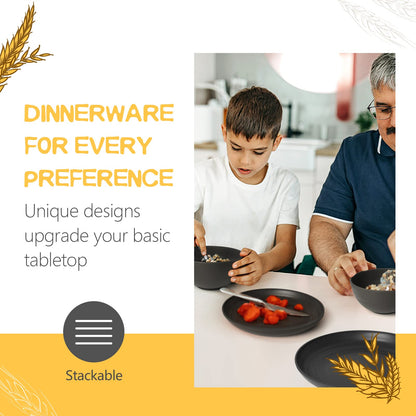 Teivio 16-Piece Wheat Straw Dinnerware Set – Grey | Plates, Bowls, Cups, Unbreakable, Service for 4