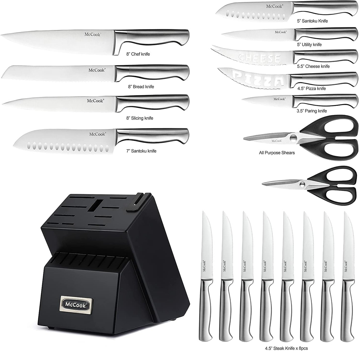 McCook® Knife Sets, Golden Titanium Stainless Steel Kitchen Knife Block Sets with Built-in Sharpener