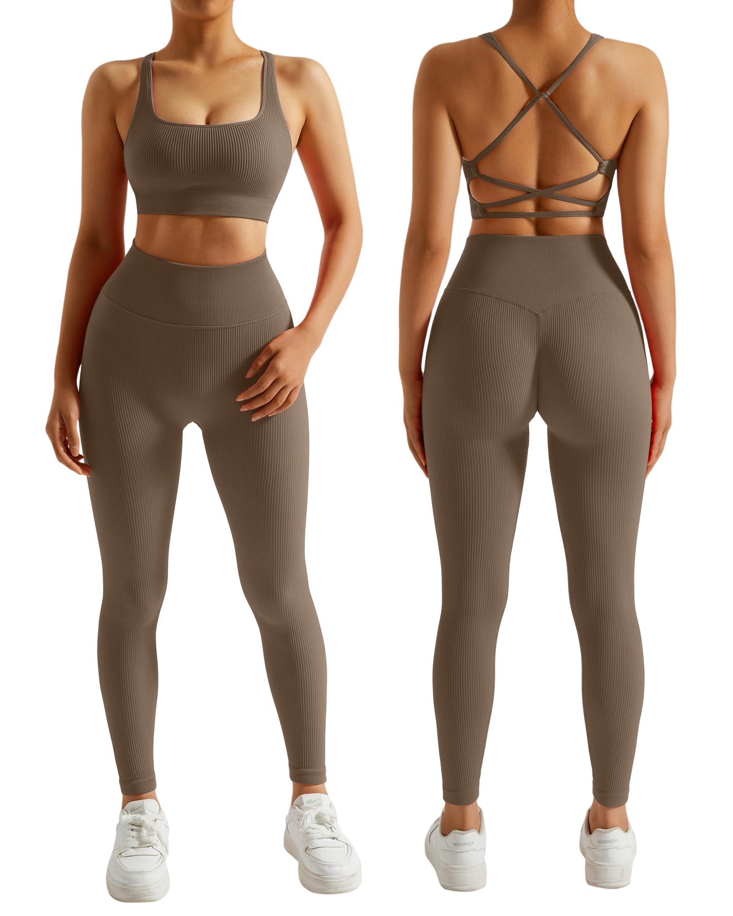 RXRXCOCO Ribbed Workout Sets for Women 2 Piece Backless Strappy Sports Bra Seamless Leggings Matching Set Yoga Outfits