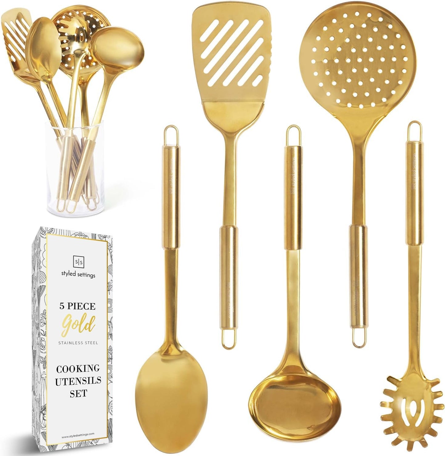 Kupfer-Kochutensilien zum Kochen/Servieren, Küchenutensilien in Roségold – 5-teiliges Set mit Kupfer-Servierutensilien aus Edelstahl – Kupferschöpfkelle, Servierlöffel, Pasta-Serviergabel, Pfannenwender, Schaumlöffel 