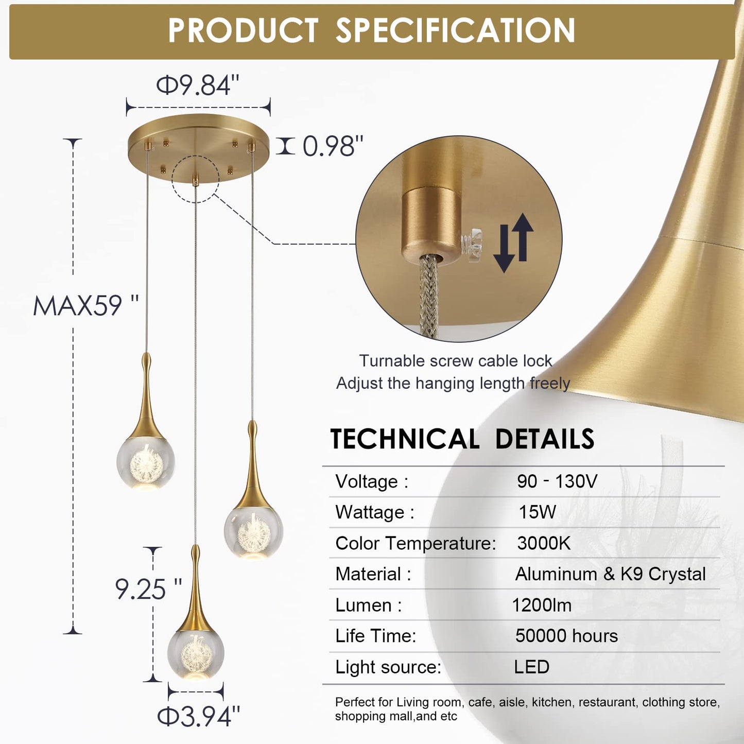 Moderne LED-Pendelleuchte für Kücheninsel, dimmbare Deckenpendelleuchte aus goldenem Tropfenkristall für Esszimmer, Schlafzimmer, Badezimmer, Flur, Eingangsbereich, 3000 K Warmweiß 