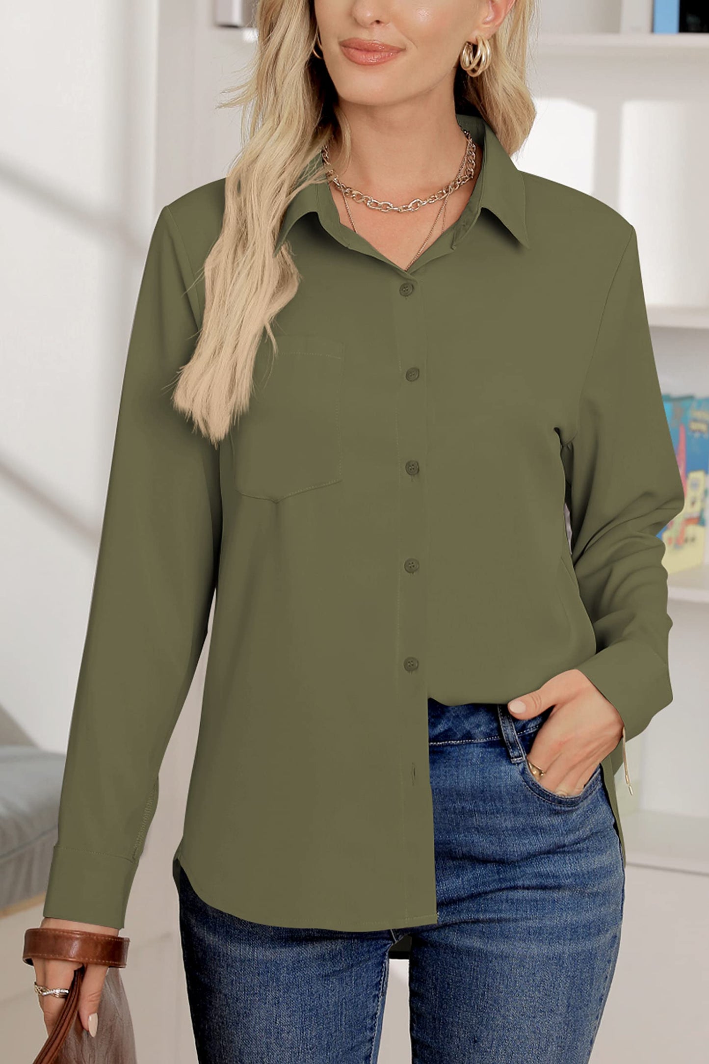 AISEW Damen Casual Button-Down-Hemden V-Ausschnitt Chiffon Lang-/Kurzarm Kragen Büro Arbeitsblusen Tops mit Tasche 