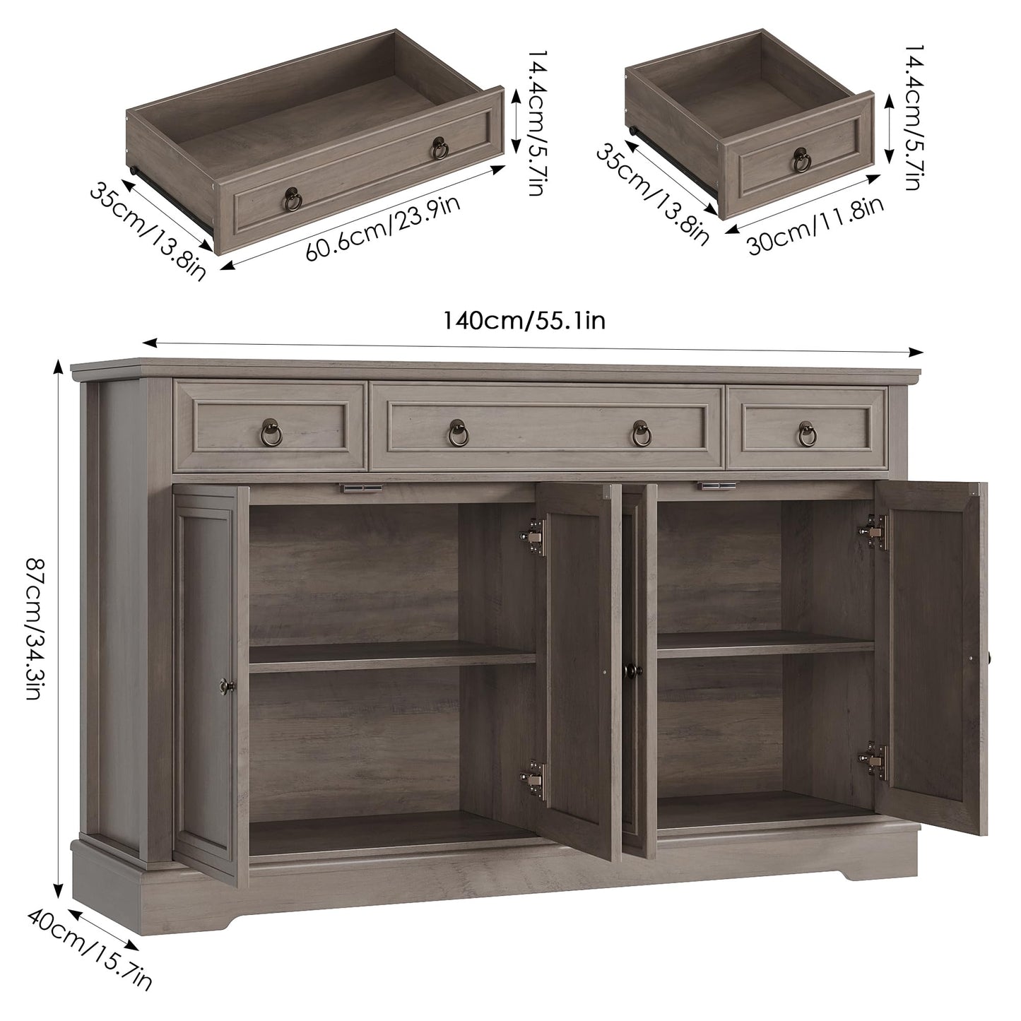 FINETONES Buffetschrank mit Stauraum, 139,9 cm großer Sideboard-Buffetschrank, weißer Küchenschrank mit 3 Schubladen und 4 Türen, Kaffeebarschrank aus Holz für Küche und Esszimmer, weiß 