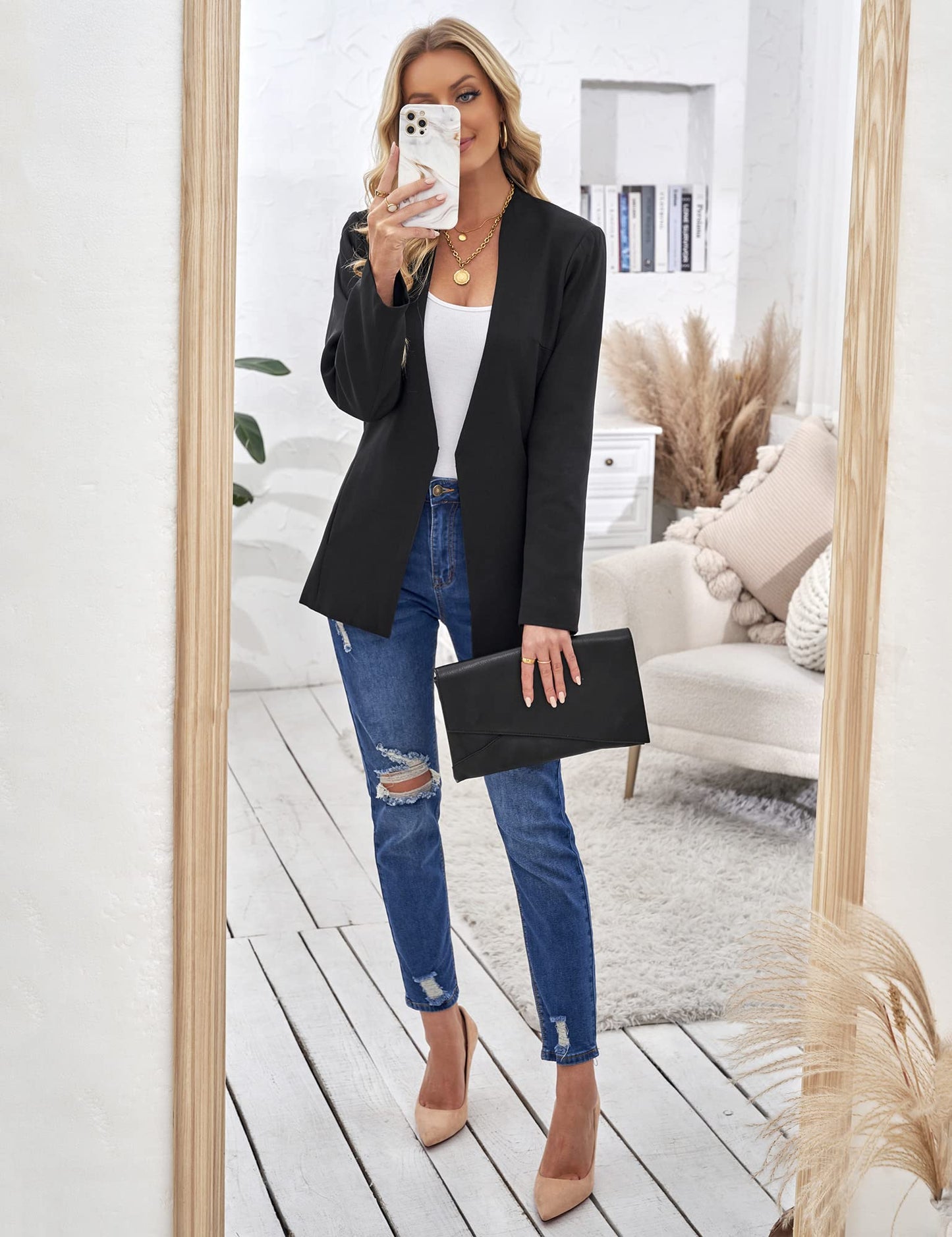 Veste de costume blazer de travail décontractée à poches ouvertes sur le devant pour femme GRAPENT 