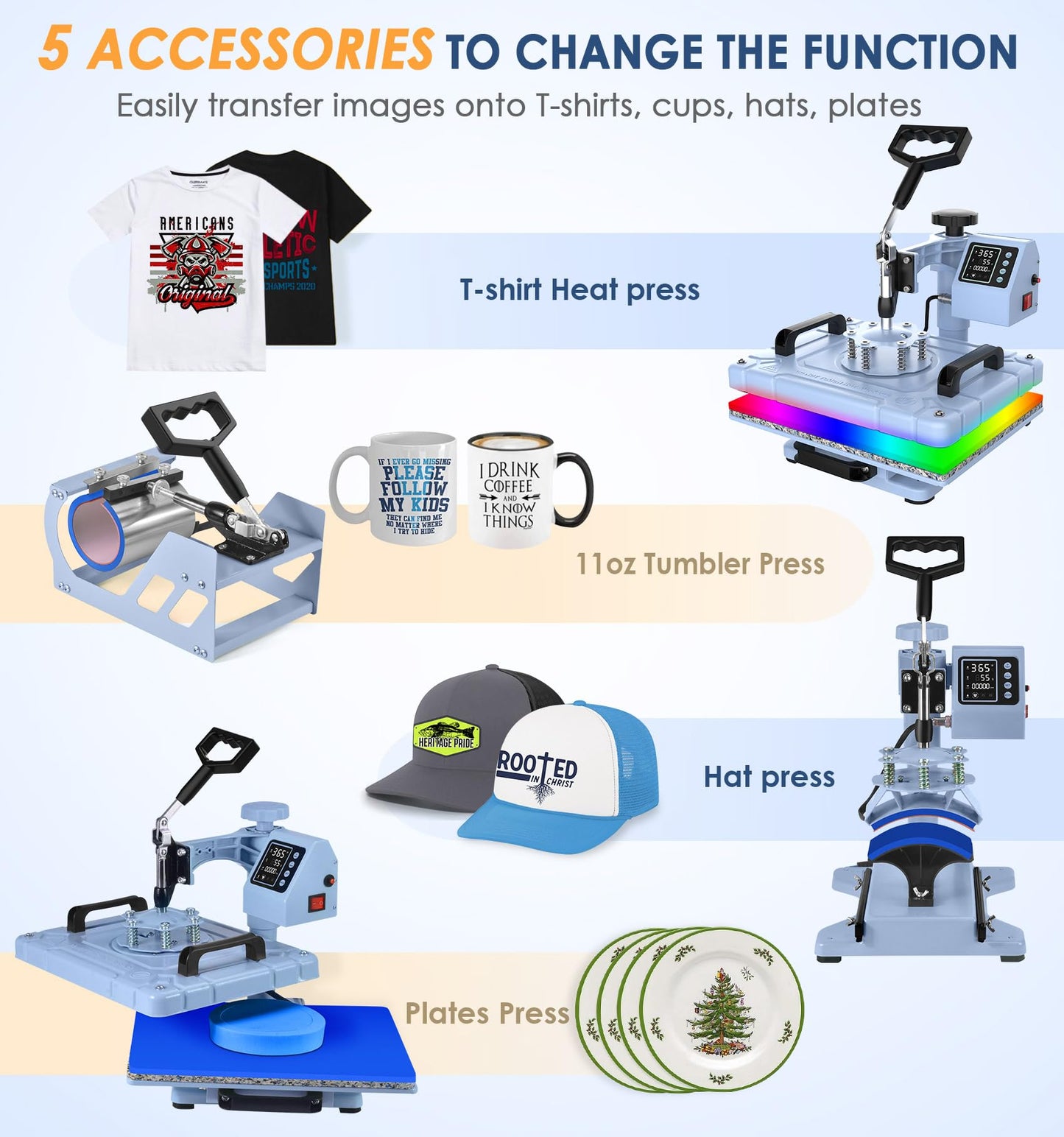 Slendor 5 in 1 Heat Press Machine 12x15 Inch T-Shirt Pressing Machine 360° Swing Away Sublimation Heat Press Digital Heat Transfer with 11OZ Tumbler Press, Multifunction Combo for Hat Cap Mug Plate