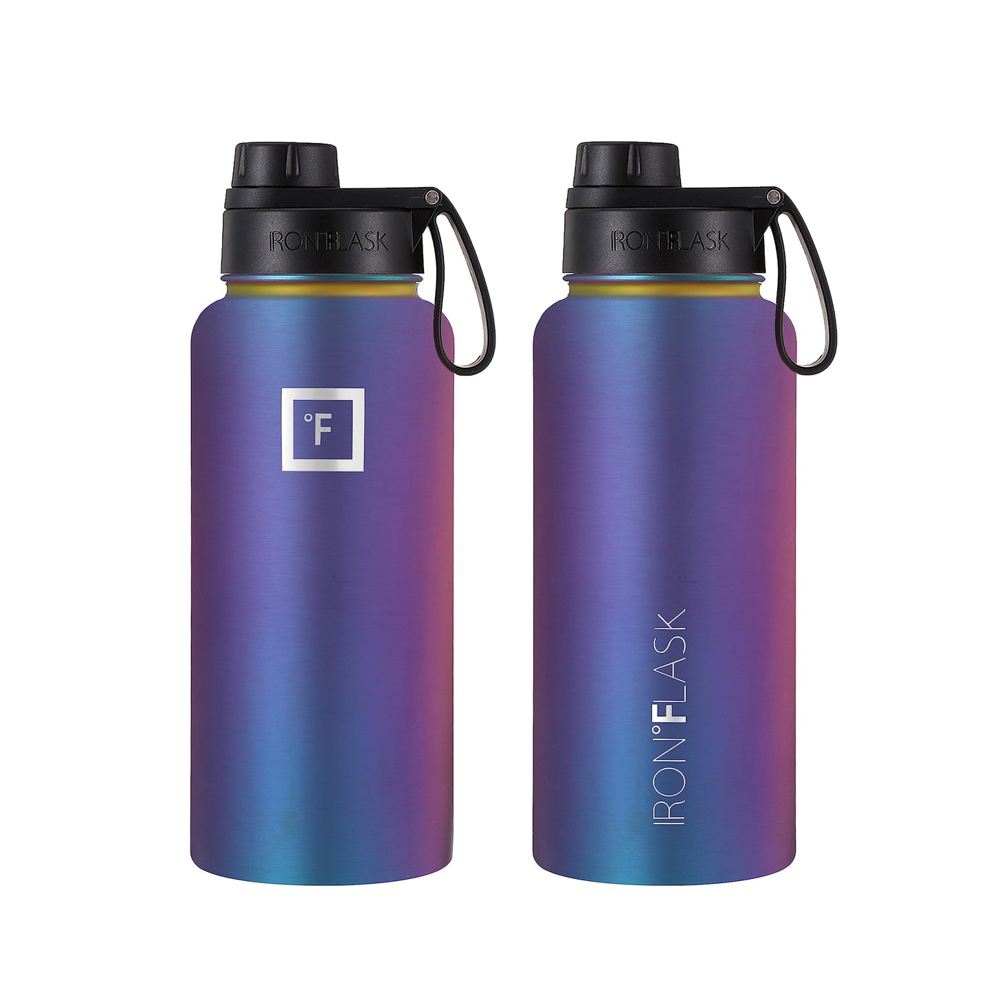 Bouteille d'hydratation de camping et de randonnée IRON °FLASK avec 3 couvercles - Bouteille d'eau en acier inoxydable, à double paroi et isolée sous vide - Anti-fuite et sans BPA (Dark Night, Straw - 32 oz) 