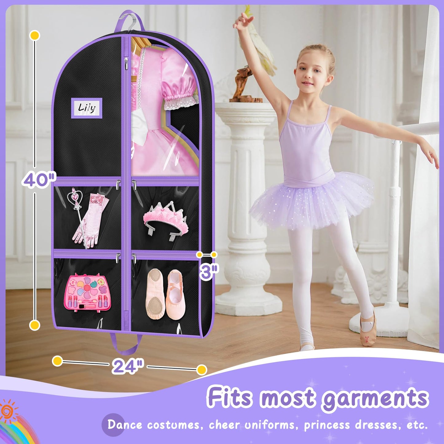 MISSLO Dance Garment Bags for Dancers with 4 Pockets Garment Bags for Dance Costumes 40" Cheer Uniform Garment Bag Hanging Kids Garment Bag for Recital, Competition, Travel, Storage (1, Black)