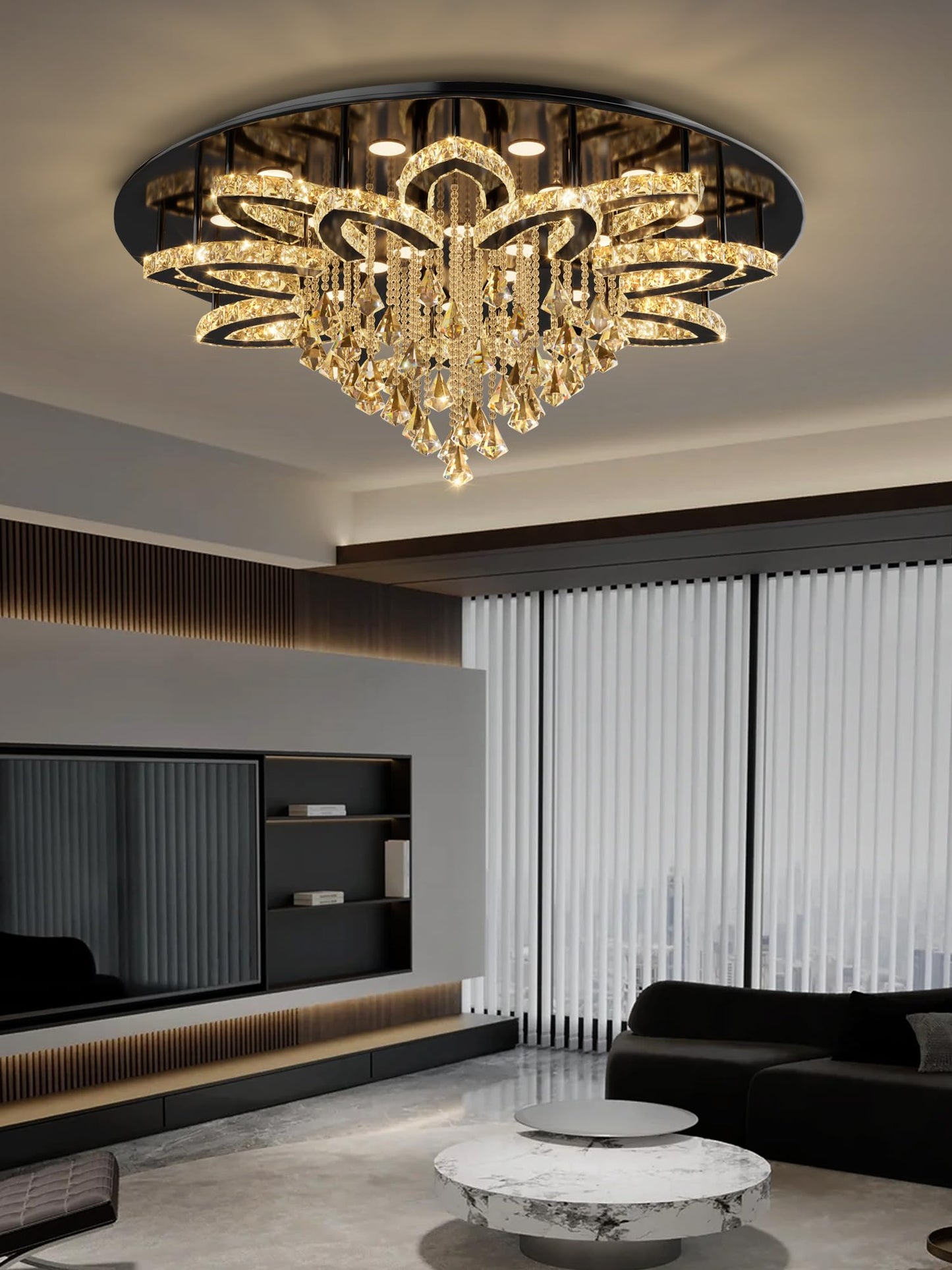 Flashing God W40 Modern Crystal Chandelier for Living Room Crystal Flush Mount LED Gold Ceiling Light Fixture for Foyer Dining Room Hallway Dimmable 2700k 4500k 6000k