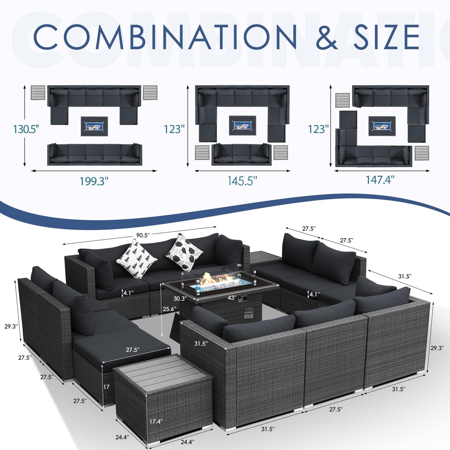NICESOUL® 13 Piece Luxury Large Patio Furniture Sofa Set with Natural Gas/Propane Fire Pit Table, 29.3" High Back Outdoor Conversation Set, Outside PE Rattan Sectional Sofa, Dark Gray