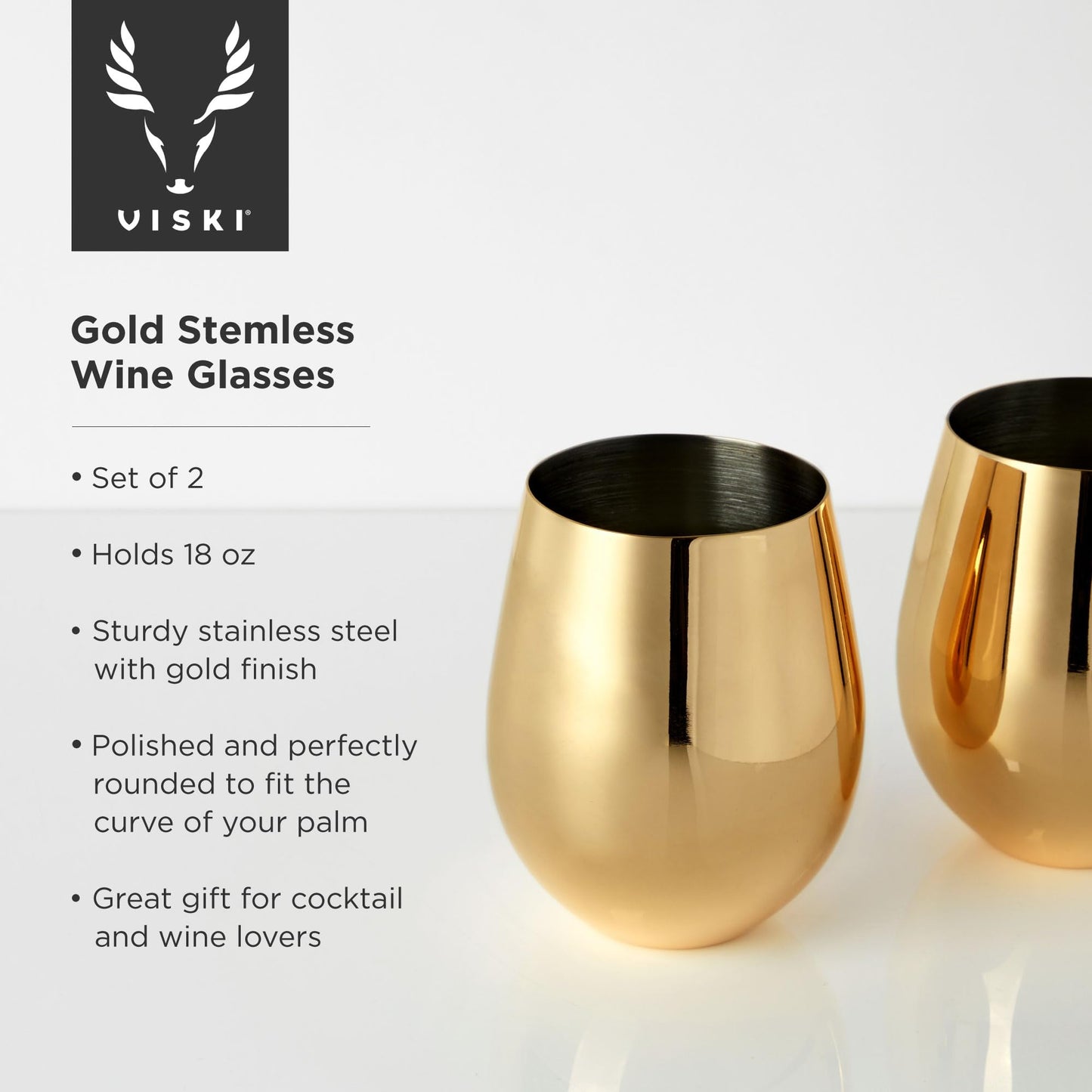 Verres à vin Viski Gold, ensemble de verres à vin sans pied, acier inoxydable avec finition dorée, 18 onces, lot de 2, or