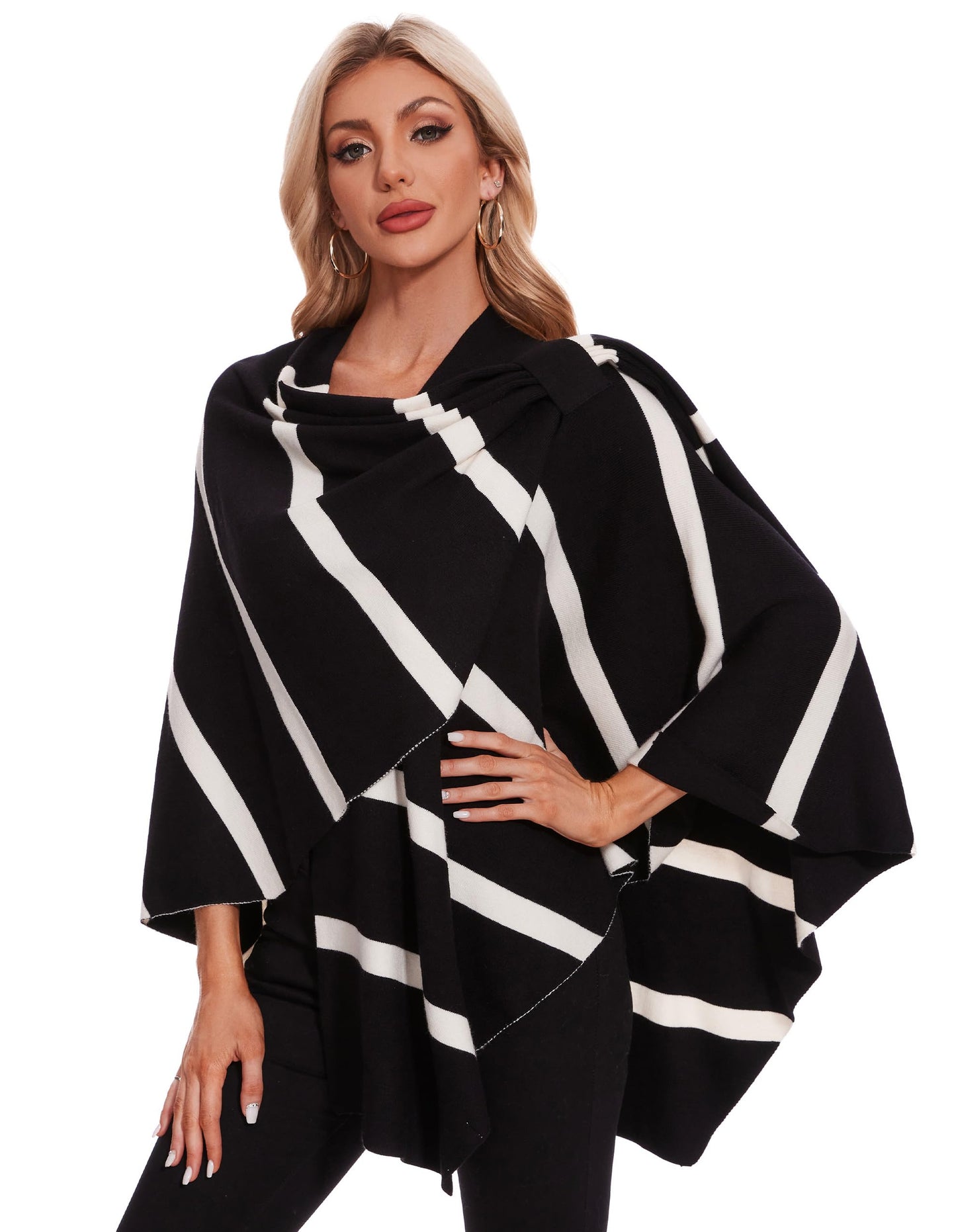 PULI Femmes Grand Poncho Croisé Sur Le Devant Pull Enveloppant Topper Tricoté Élégant Châles Cape pour l'Automne Hiver