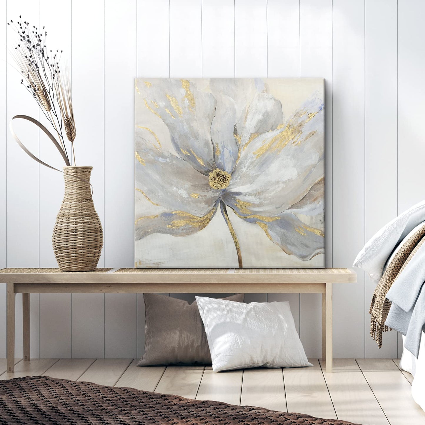 Goldfoilart Décoration murale florale moderne en fleurs blanches avec peintures en feuille d'or, œuvres d'art encadrées pour salon, chambre à coucher, cuisine, 61 x 61 cm x 2 pièces 