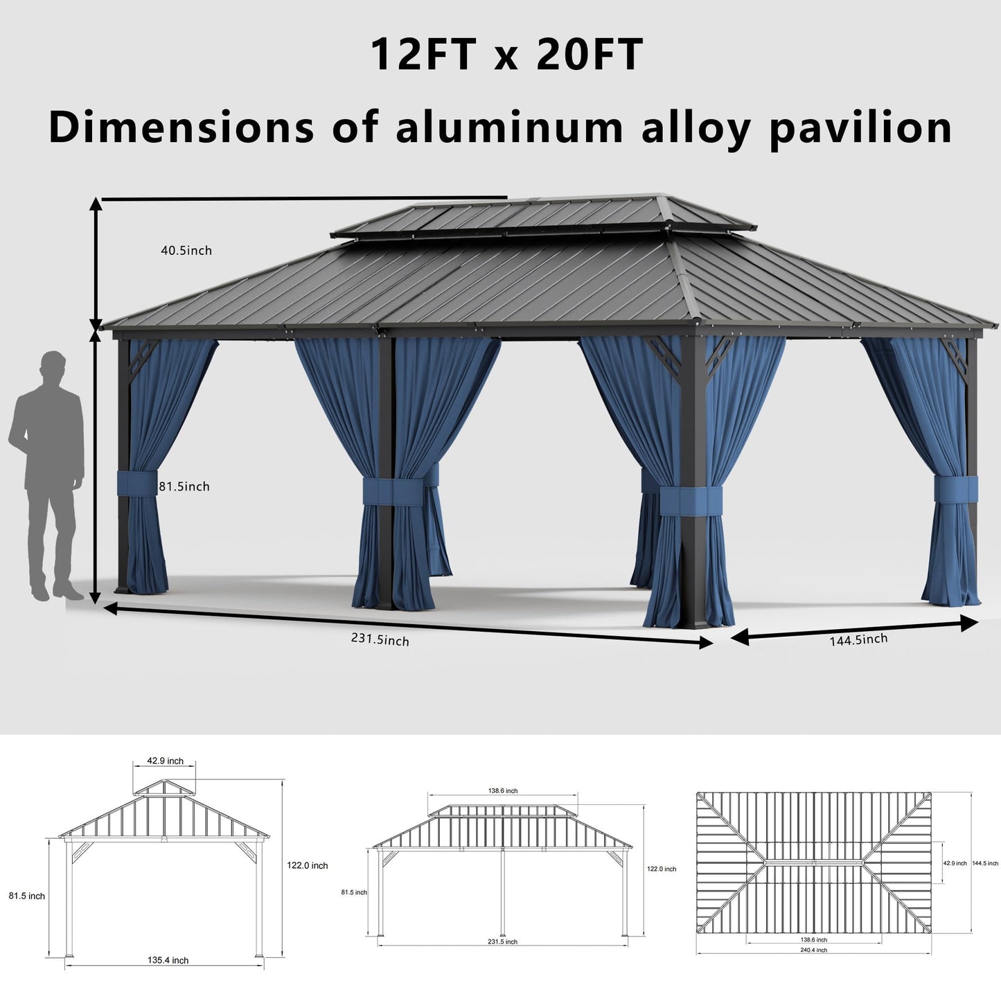 12x20ft Hardtop Gazebo Double Roof, Outdoor Pavilion with 2-Layer Hard top Galvanized Iron Frame Garden Tent, Suitable for courtyards, backyards, Decks, and Grass