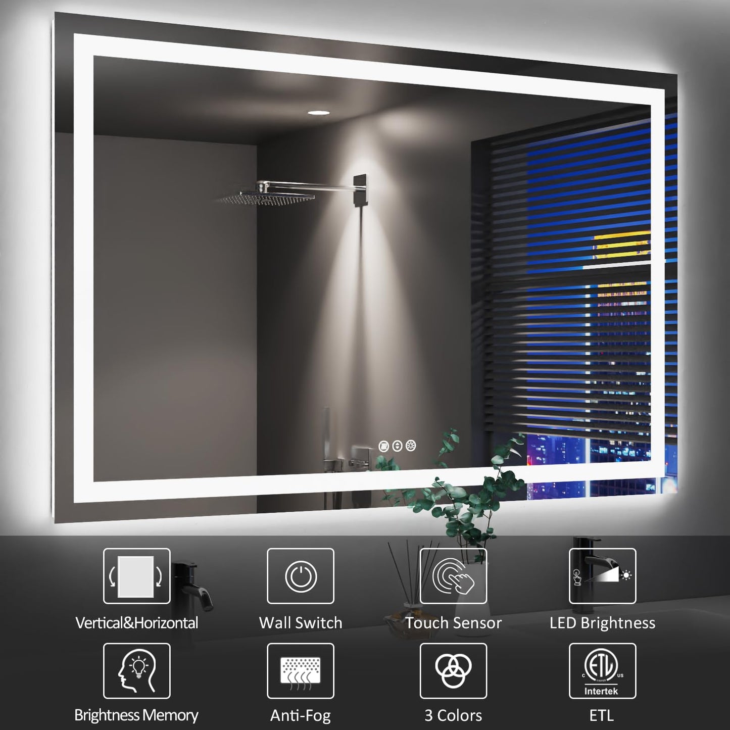 Amorho 20"x 28" LED Bathroom Mirror with Black Frame, Front Light and Backlit(Controlled Separately), Stepless Dimmable, Anti-Fog, Shatter-Proof, 3 Colors, Memory