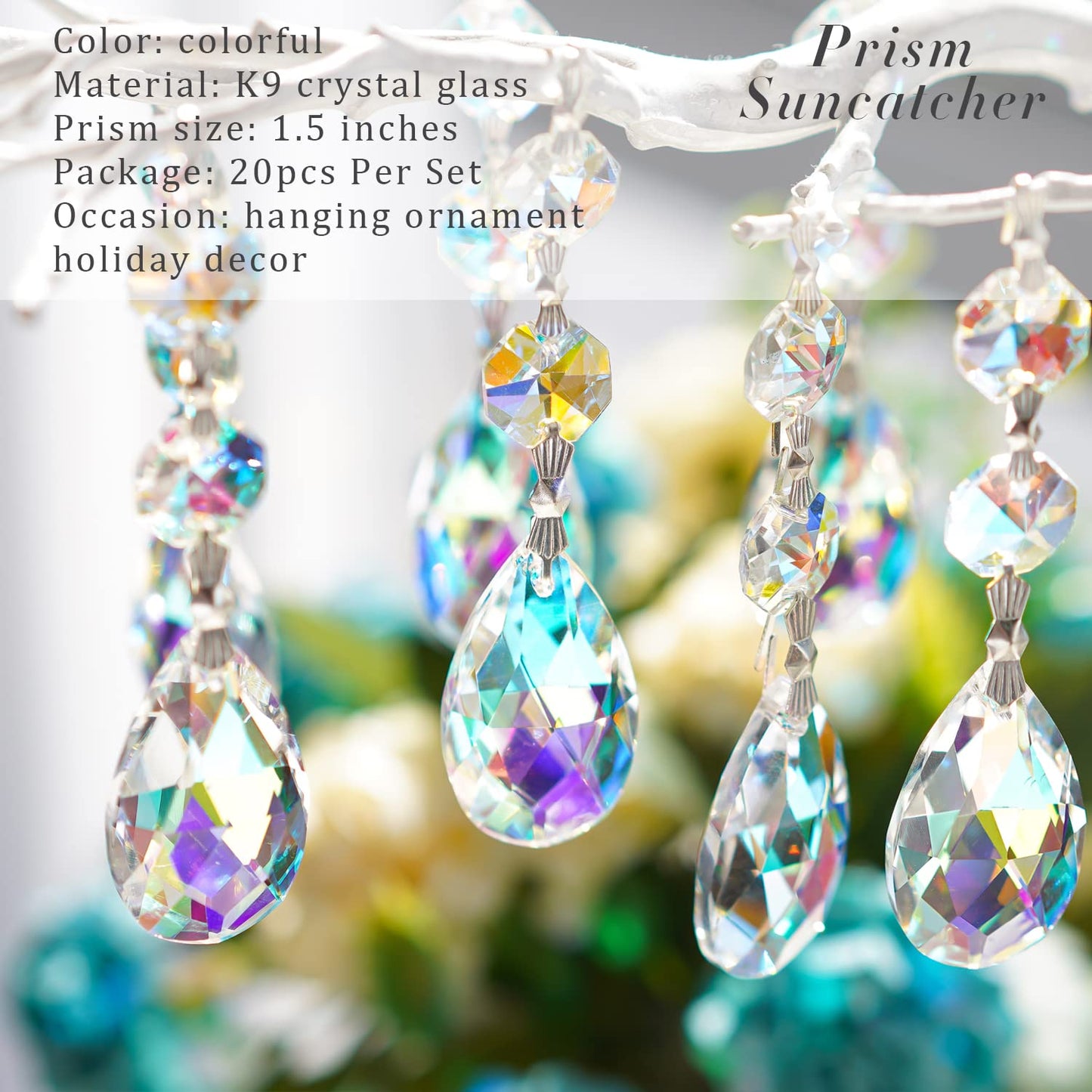 20pcs 38mm Suncatcher Teardrop Chandelier Prisms Crystal Pendants,Colorful Teardrop Crystals for Chandeliers,Glass Prisms Sun Catcher for Chandeliers with Hooks