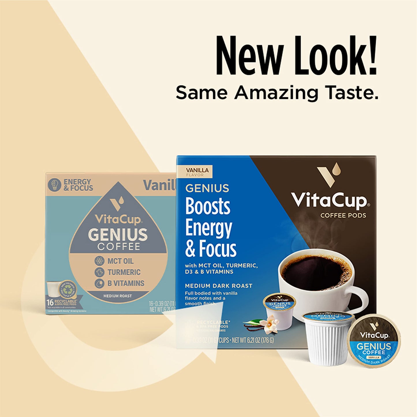 VitaCup Lightning Kaffeepads, für Gedächtnis und Konzentration mit 2x Koffein, grüne Kaffeebohnen, B-Vitamine, D3, starker dunkel gerösteter Kaffee, recycelbare Einzelportionspads, kompatibel mit Keurig K-Cup Kaffeemaschinen, 16 Stück 