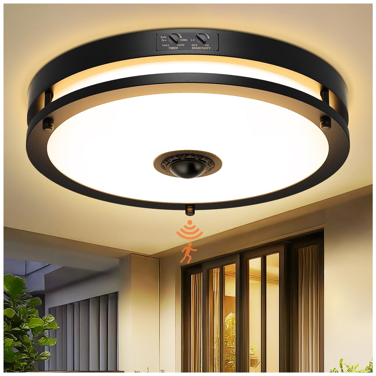 Motion Sensor LED Ceiling Light – Adjustable Color Temp, Outdoor Flush Mount