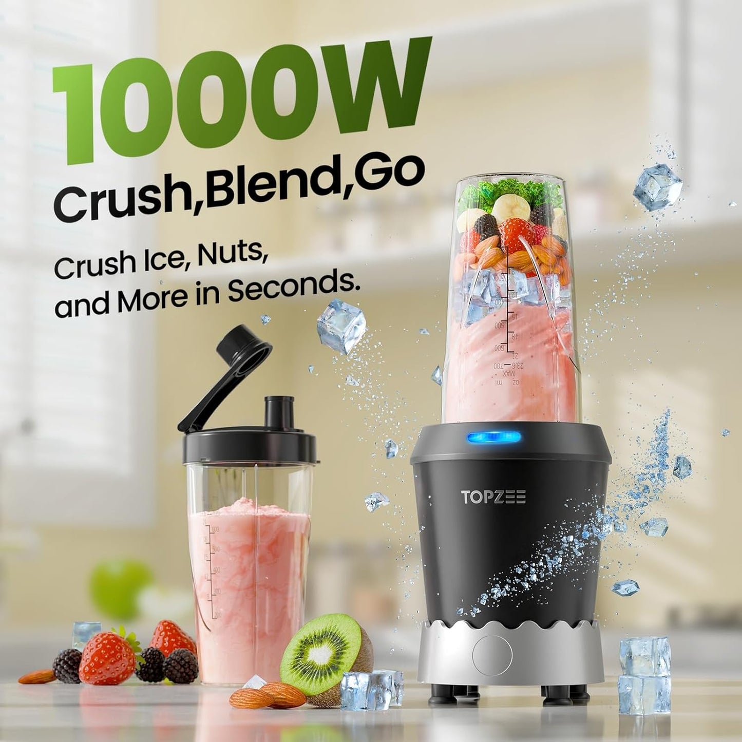 TOPZEE Personal Blender | 1000W (Max 1200W) Ice Crusher & Smoothie Maker – 24oz Portable Cup, 6 Stainless Steel Blades, Dishwasher-Safe