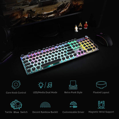 AULA F2088 Mechanical Gaming Keyboard – Blue Switches, Rainbow LED Backlit, Media Knob, Wrist Rest, Retro Typewriter Keycaps, USB Wired