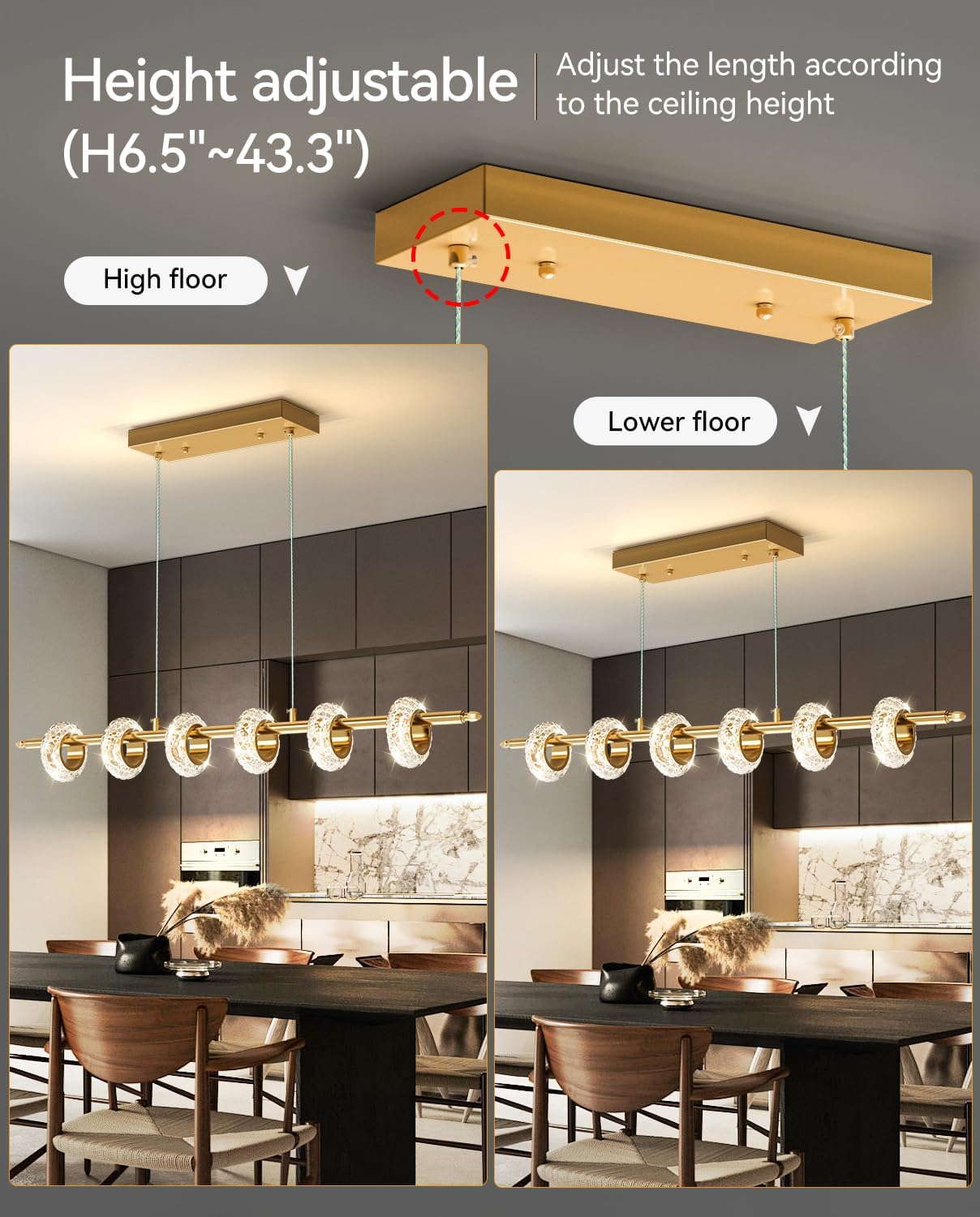 Dimmbarer moderner LED-Kronleuchter mit Fernbedienung, Kristall-Esszimmerleuchten über dem Tisch, 3000 K-6500 K goldene lineare Pendelleuchte für die Kücheninsel 