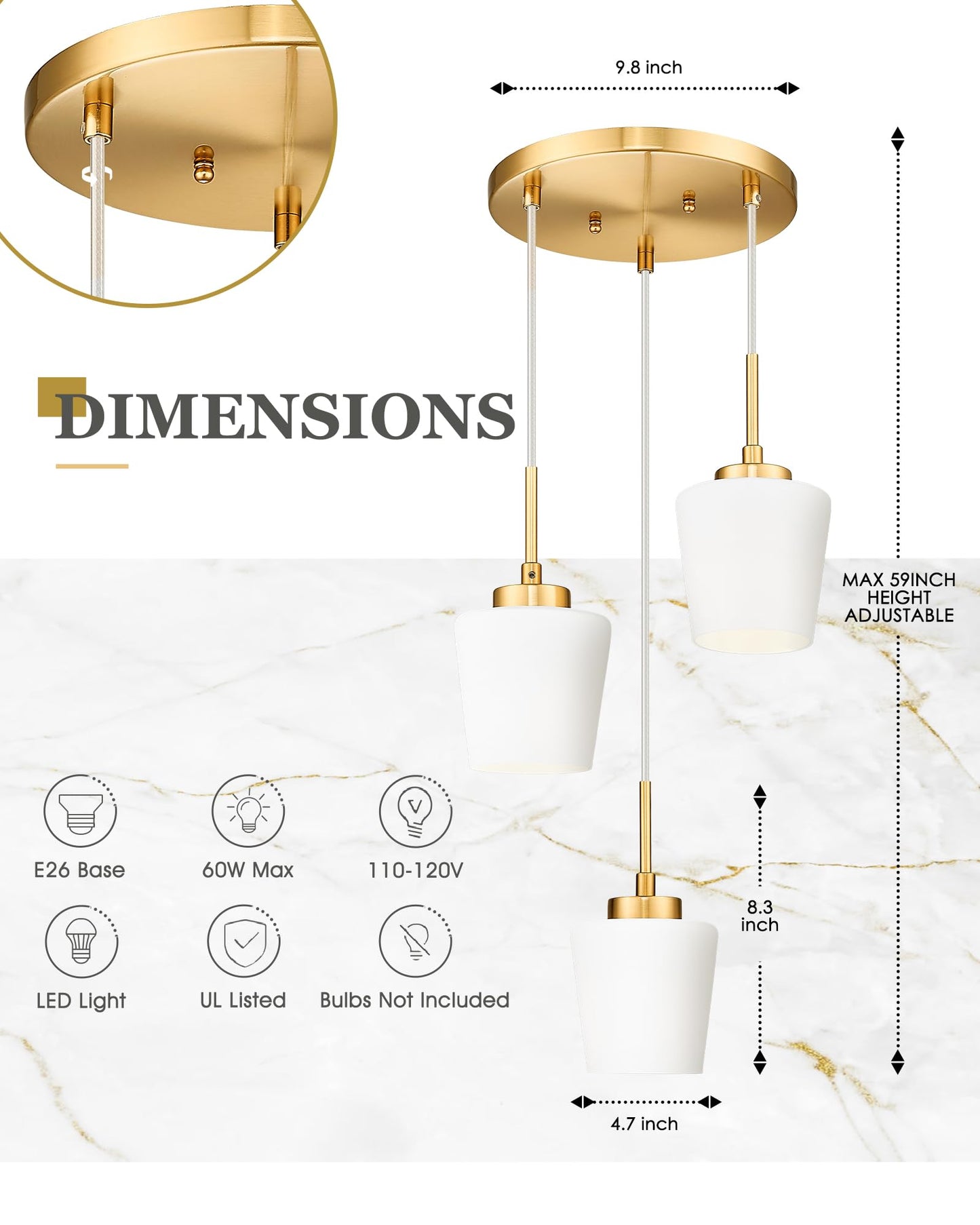 3-flammige Pendelleuchte, gebürstete goldene Esszimmerleuchte über dem Tisch, verstellbare Kücheninselbeleuchtung mit milchweißem Glas, Bauernhaus-Hängeleuchte, AD-22004-3P-GD 