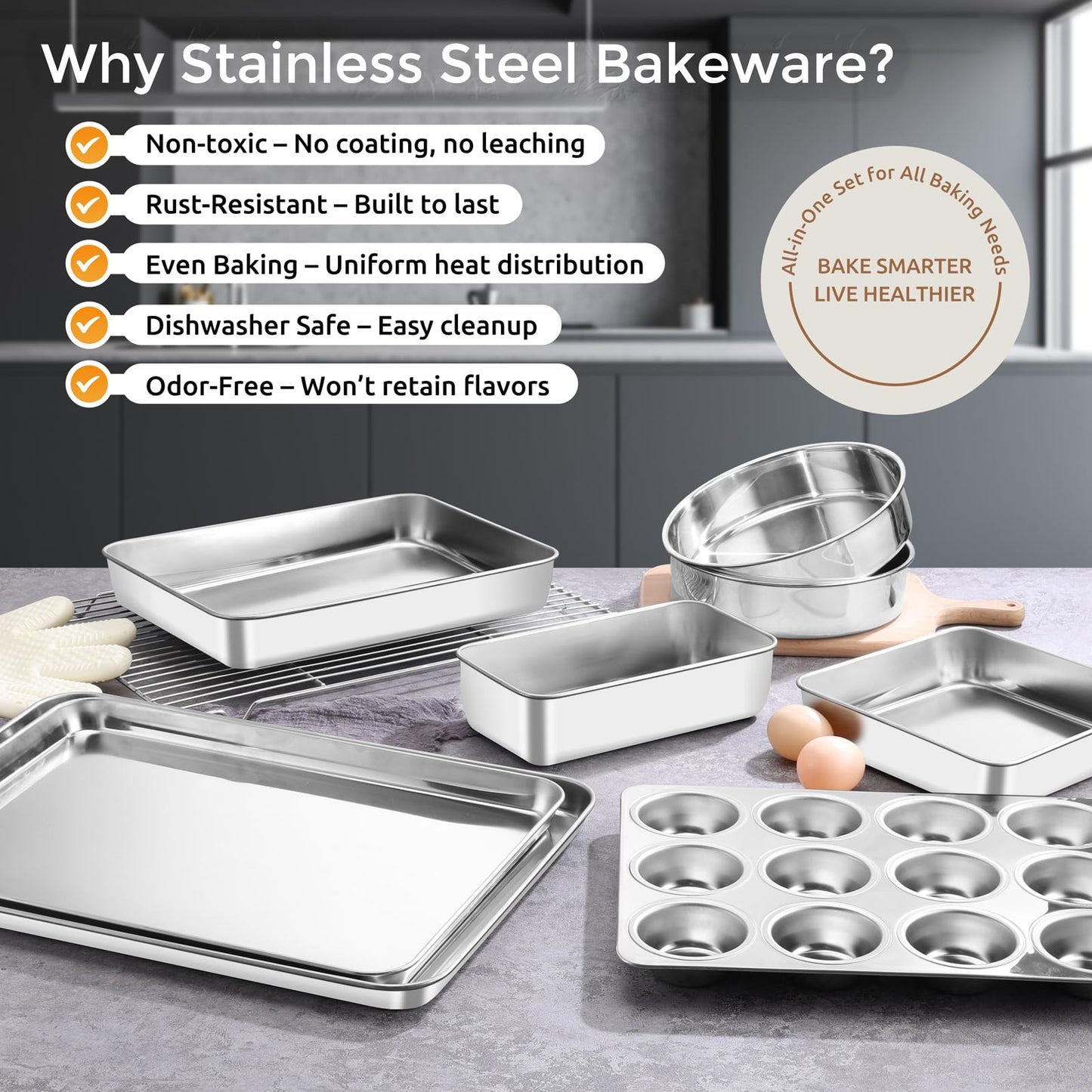 E-far Stainless Steel Baking Pan Set, 6-Piece Metal Bakeware Sets Include Cookie Sheet, Round Square Rectangle Cake Pans, Non-toxic & Dishwasher Safe