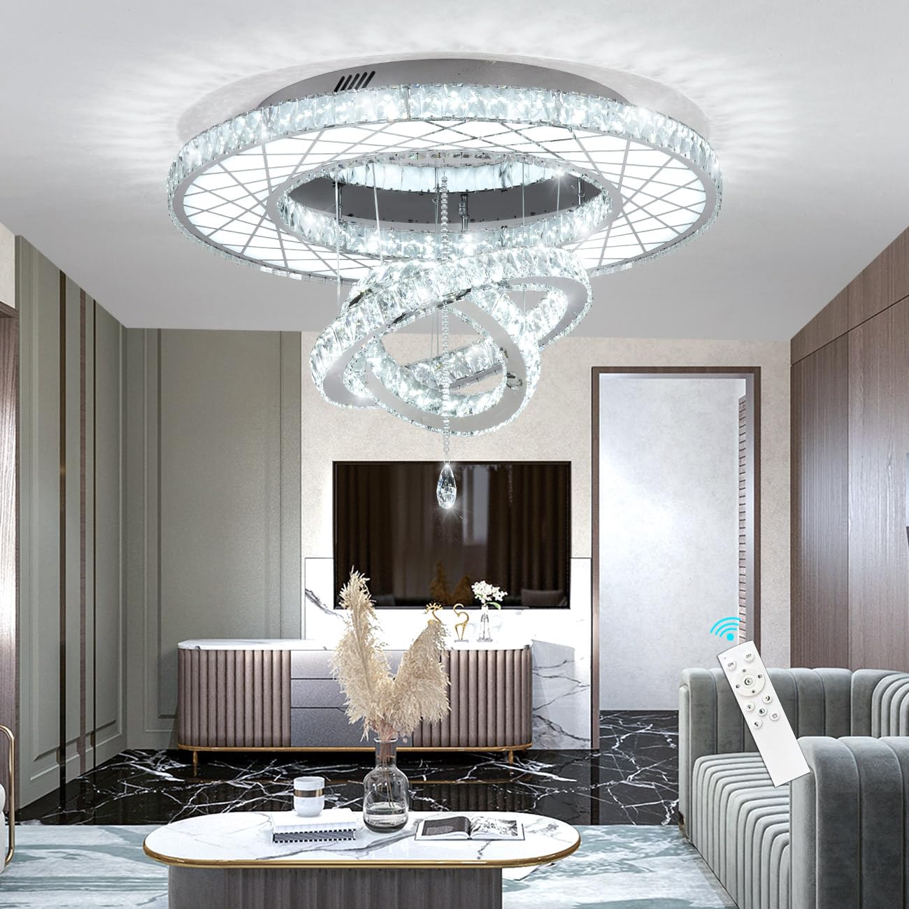 Modern Flush Ceiling Chandelier Bedroom Light Fixtures Crystal Flat Sloping Ceiling Lights for Hallway Kitchen Dining Room Dimmable Light with Remote Gold