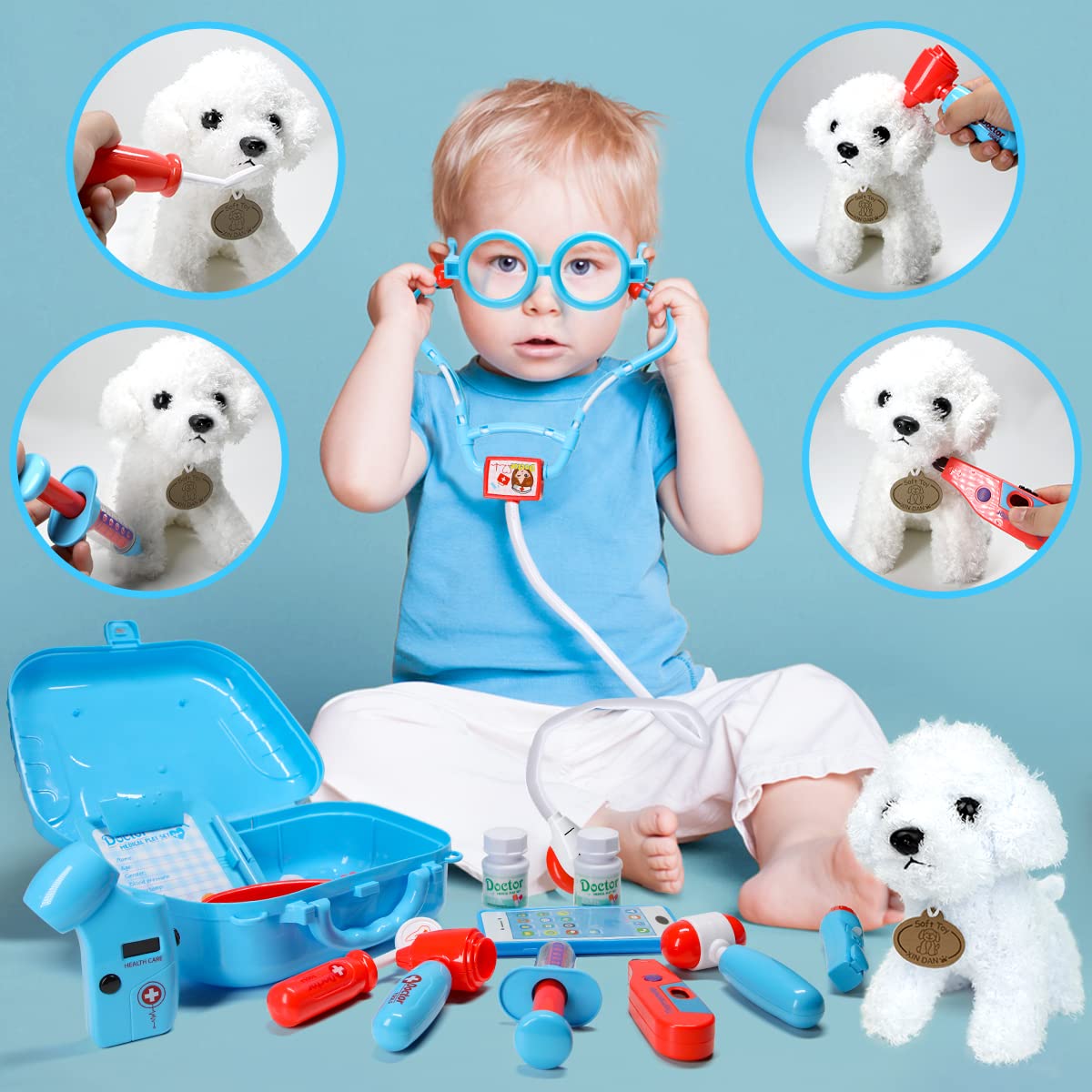 Meland Toy Doctor Kit for Girls - Pretend Play Doctor Set with Dog Toy, Carrying Bag, Stethoscope Toy & Dress Up Costume - Doctor Play Gift for Kids Toddlers Ages 3 4 5 6 Year Old for Role Play