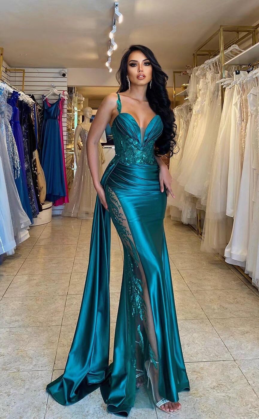 V Neck Satin Prom Dresses Long Mermaid Lace Evening Gown with Slit Pleated Bodycon Formal Dress with Tail