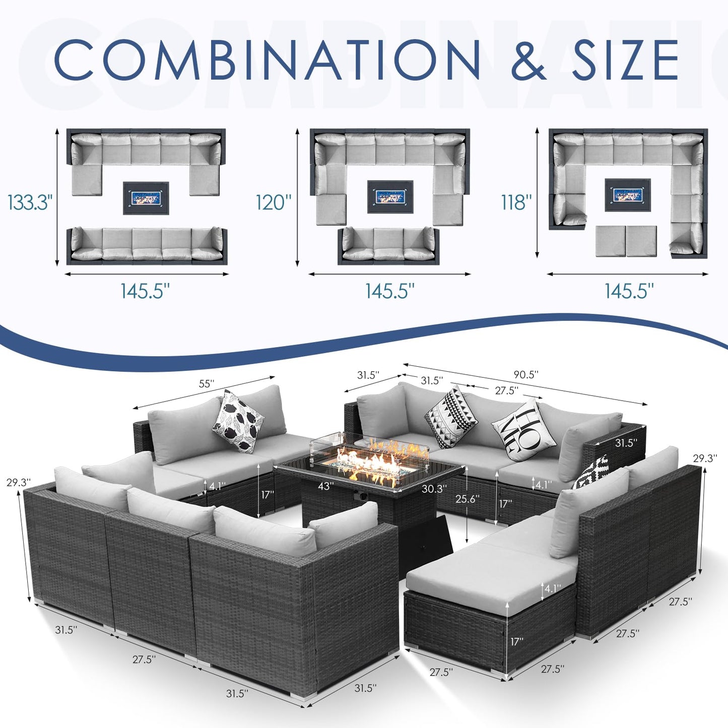 Ensemble de canapé de patio de luxe 13 pièces NICESOUL® avec table de foyer au gaz naturel/propane, ensemble de conversation d'extérieur à dossier haut de 29,3 po, canapé sectionnel extérieur en rotin PE, gris foncé 