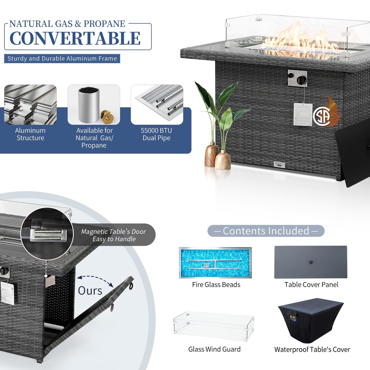 Ensemble de canapé de patio de luxe 13 pièces NICESOUL® avec table de foyer au gaz naturel/propane, ensemble de conversation d'extérieur à dossier haut de 29,3 po, canapé sectionnel extérieur en rotin PE, gris foncé 