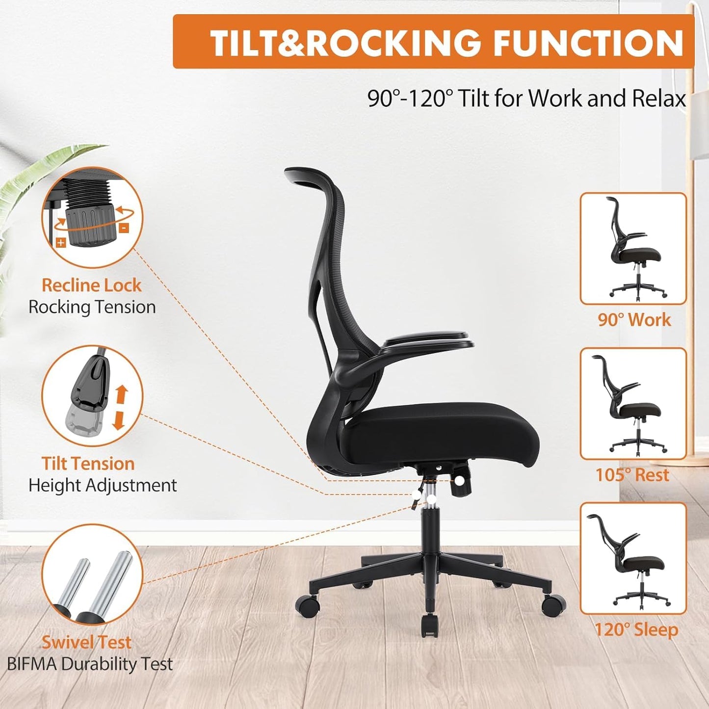 Ergonomic Mesh Office Chair, High Back Desk Chair with 2D Headrest, Up&Down Lumbar Support, Swivel Computer Task Chair with Adjustable Flip-up Armrests,Black