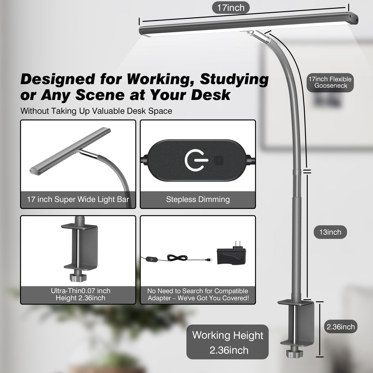 LED Desk Lamp for Office Home, Eye-Caring Desk Light with Stepless Dimming Adjustable Flexible Gooseneck, 10W USB Adapter Desk Lamp with Clamp for Reading, Study, Workbench (Black)