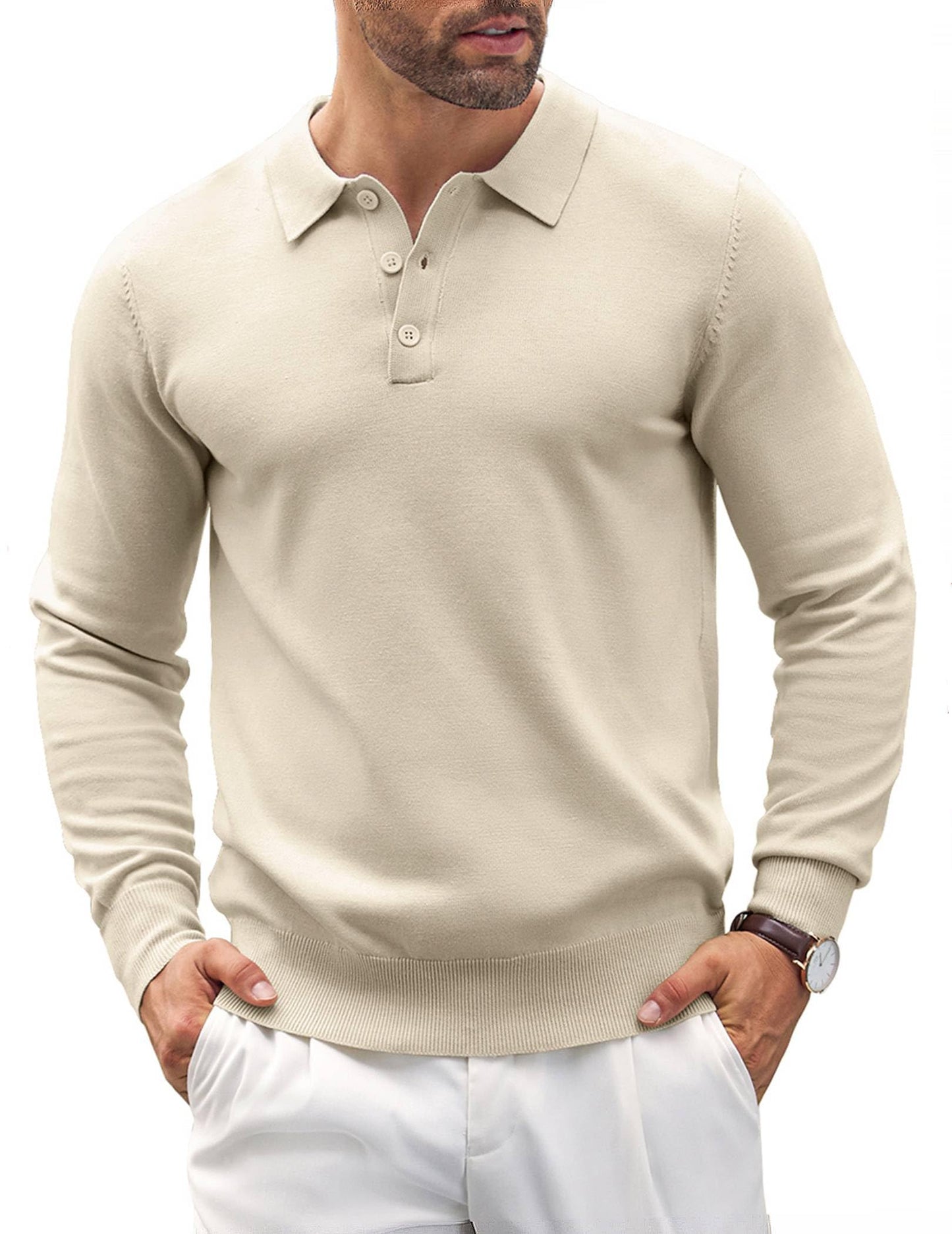 COOFANDY Mens Knit Polo Shirts Casual Long Sleeve Classic Polo Shirts Button Down Golf Shirts